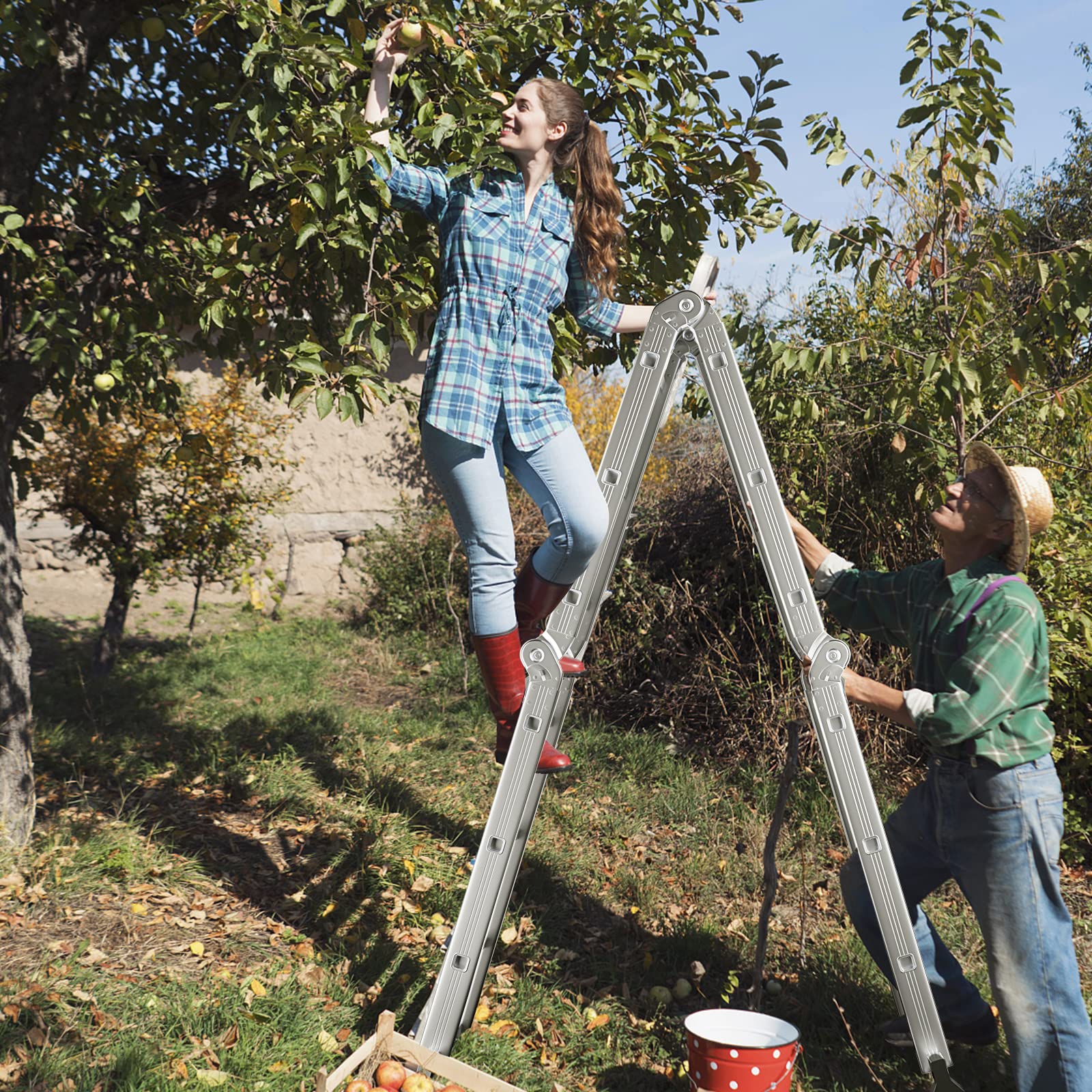 SAFSTAR 12.2FT 7-in-1 Folding Ladder – Aluminum Alloy, 330 Lbs Capacity, A-Frame/Straight/Scaffold/Staircase Modes
