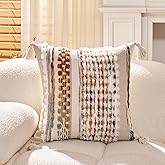 HZTLIN Boho Throw Pillow Covers 18x18 in Chenille Striped Textured Pillow Cover Farmhouse Decoration Striped Square Tassels Woven Pillowcase for Couch Bed Sofa Bedroom Living Room,Brown(Pack of 1)