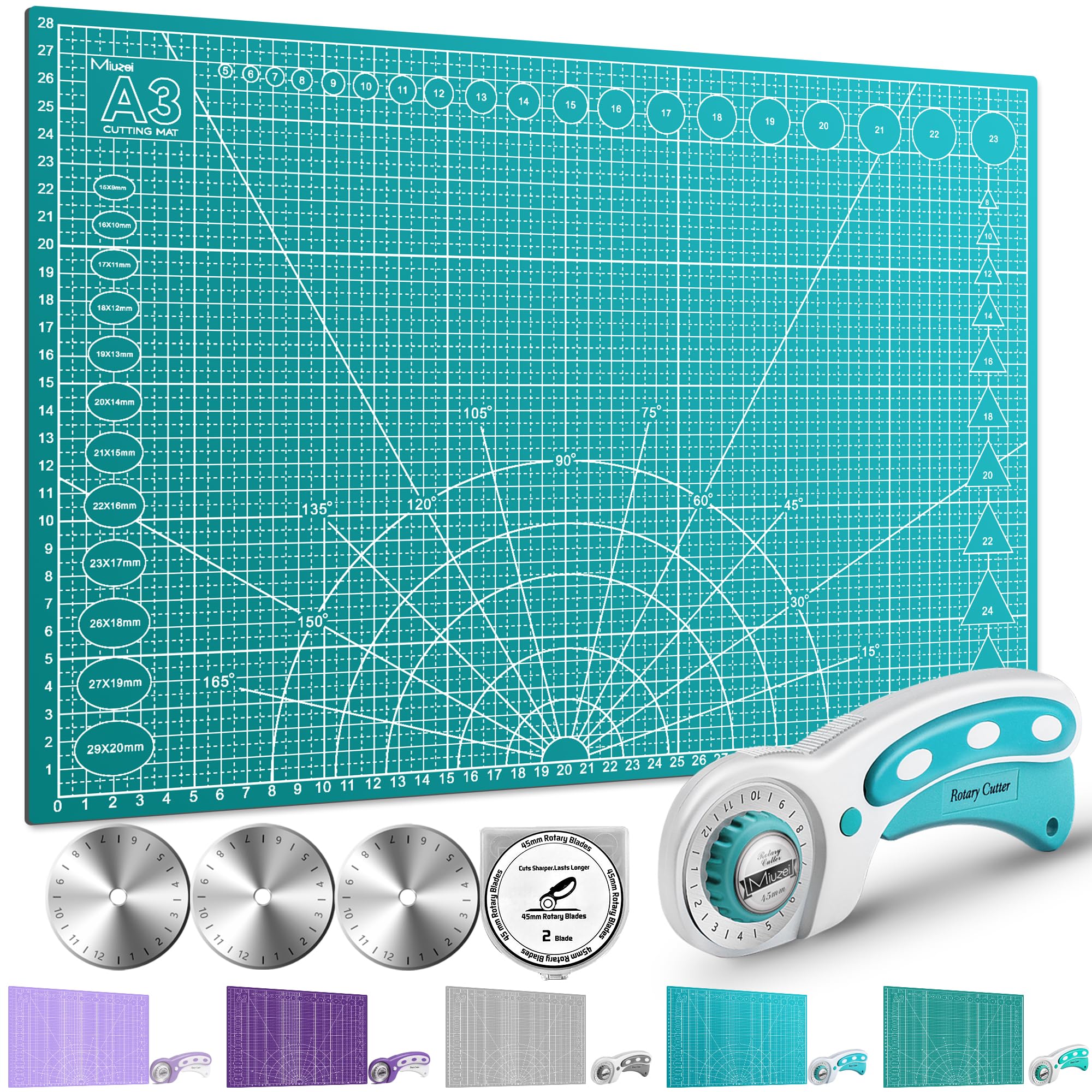 Miuzei Rotary Cutter Set: A3 Cutting Mat, 45mm Fabric Cutter, Self-Healing Craft Mat, Quilting Kit, Suitable for Cutting Fabric, Sewing, Leather and Paper Green
