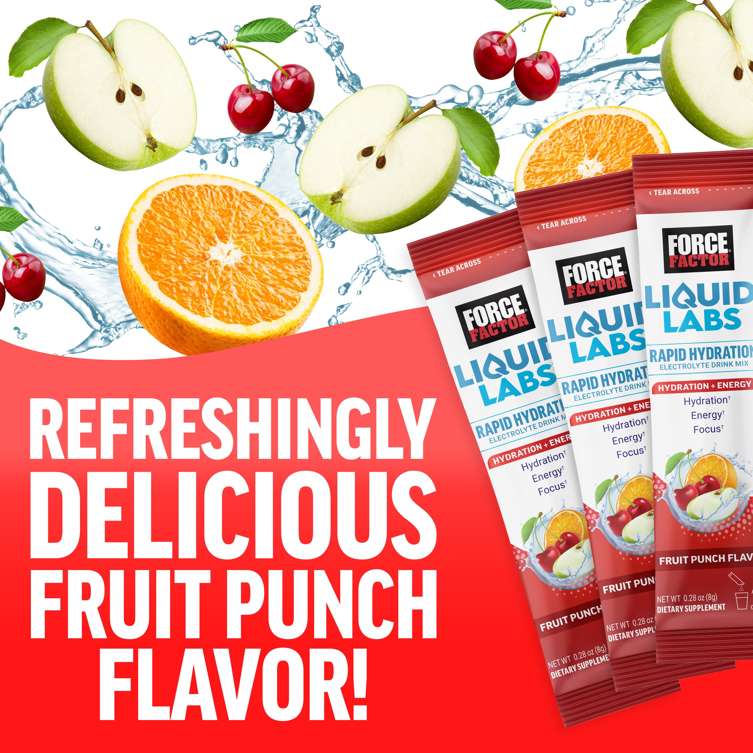 FORCE FACTOR Liquid Labs Energy Drink, Electrolytes Powder, Hydration Packets to Boost Energy & Focus, 5 Essential Electrolytes, Vitamins, Minerals, & Antioxidants, Fruit Punch Flavor, 20 Stick Packs