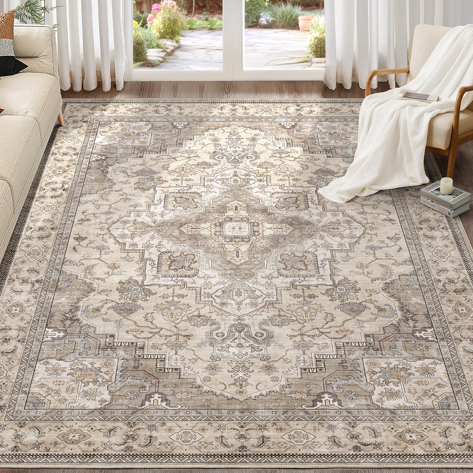 eieihouse washable area rugs for living room -8x11 neutral vintage distressed floral farmhouse boho 