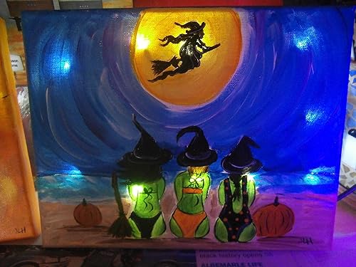 Amazon Com Hand Painted 8 X 10 Lighted Halloween Canvas Painted In Whimsical Witches Sitting On A Beach Battery Operated Lights Fun Times Handmade