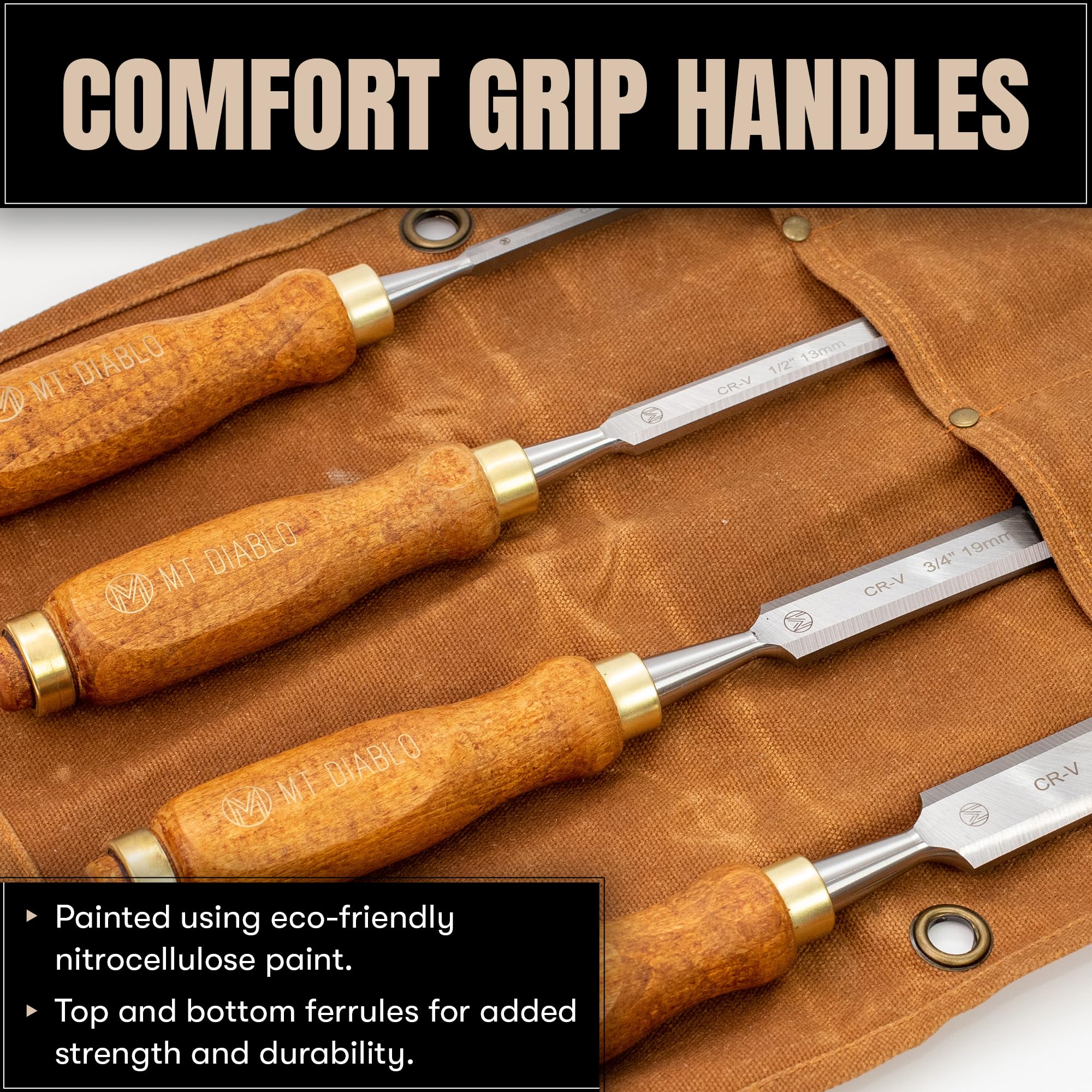 Mt Diablo Woodworking Tools 4 Piece Chisel Set - Premium CV60 Steel Wood Chisel Sets with Ergonomic Handles, Includes 1/4