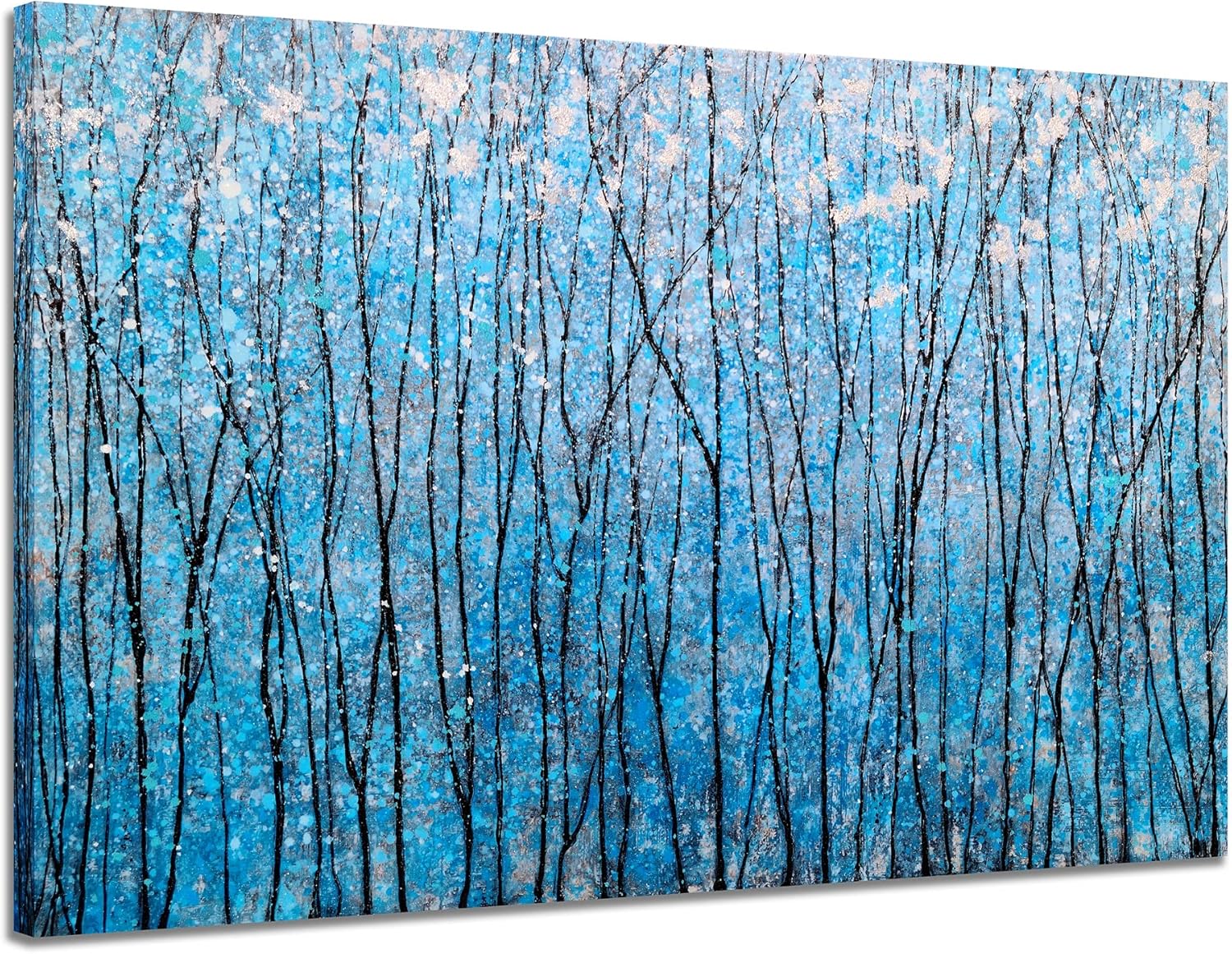 Paintings - SYGALLERIER Abstract Tree Canvas Wall Art with Hand Painted Textured Black Blue Paintings with Silver Foil Modern Forest Pictures for Living Room Bedroom Dinning Office Decor