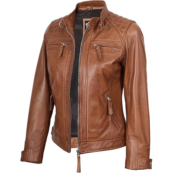 A1 FASHION GOODS Womens Fitted Tan Real Leather Biker Jacket