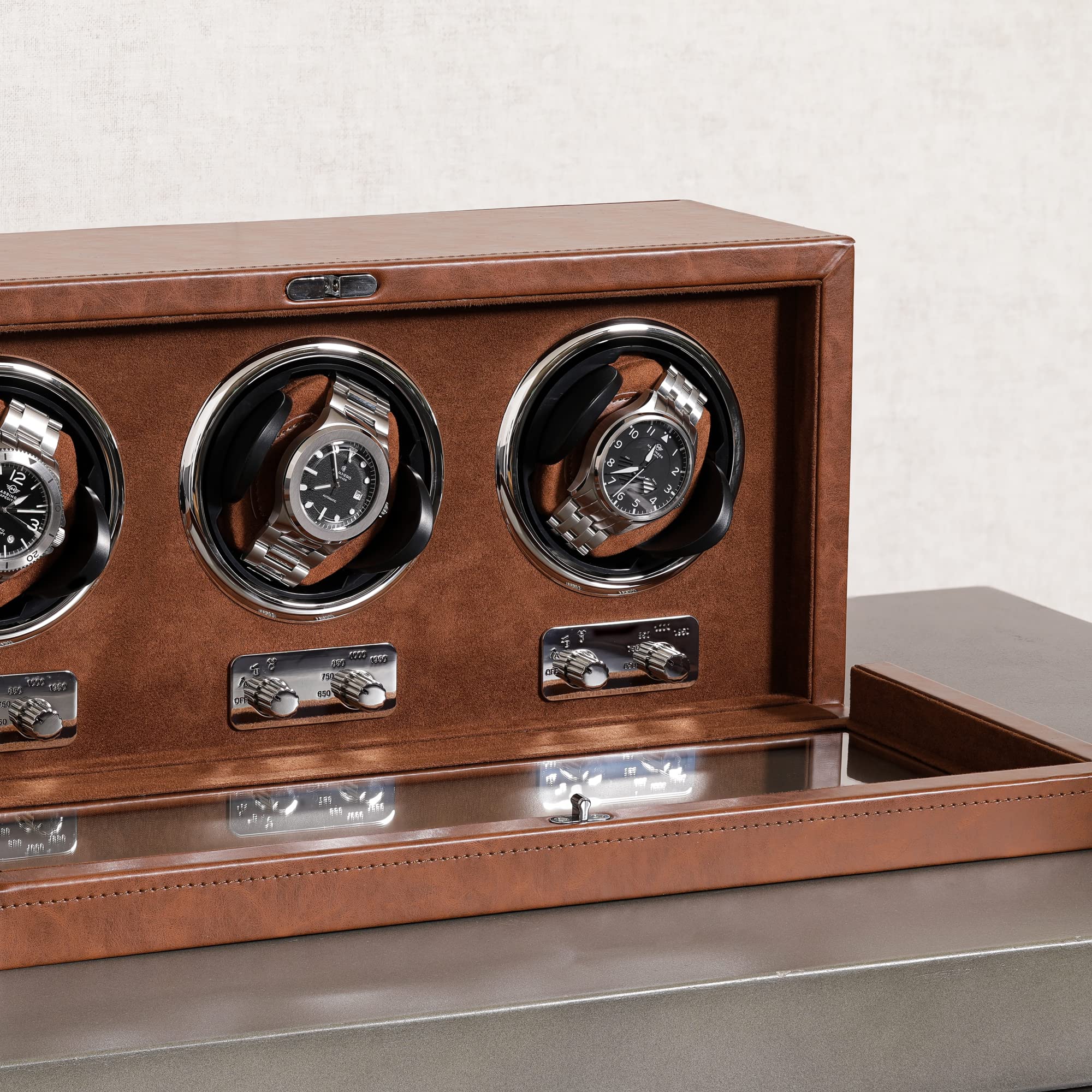 ROTHWELL Triple Watch Winder for Automatic Watches with Quiet Motor with Multiple Speeds and Rotation Settings (Tan/Brown)