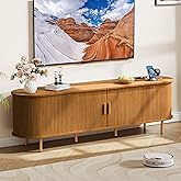 DHH 70.8 Inch Mid Century Modern TV Stand with Power Outlet for TVs up to 80 Inch, Entertainment Center with Storage and Adjustable Shelves, Media Console with Sliding Doors for Living Room(Yellow)