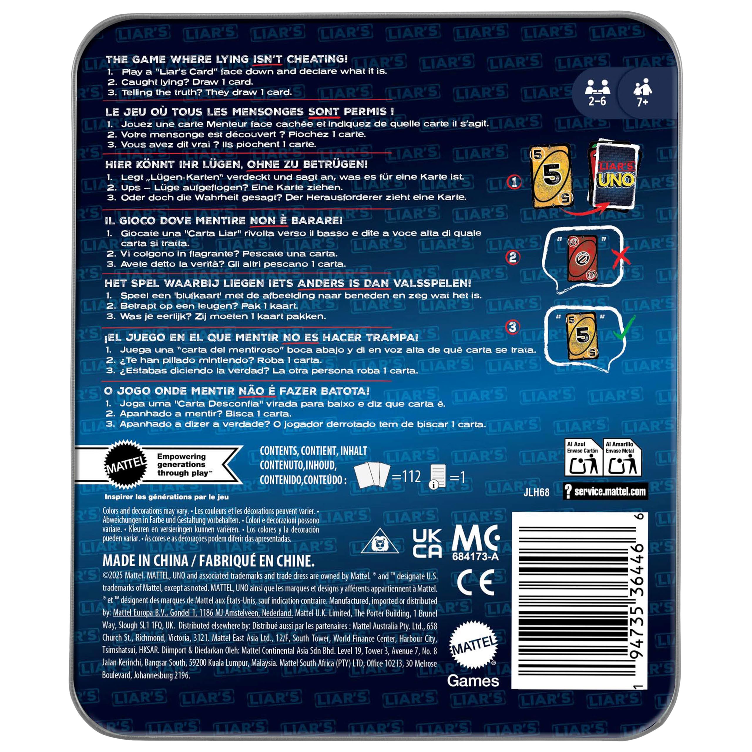 Mattel Games Liar‘s UNO Kartenspiel in Reise- und Aufbewahrungsdose für Erwachsene, Kinder, Familien, Partys und Spieleabende, Lege andere Spieler mit Bluffs und Täuschung herein, JLH68 6