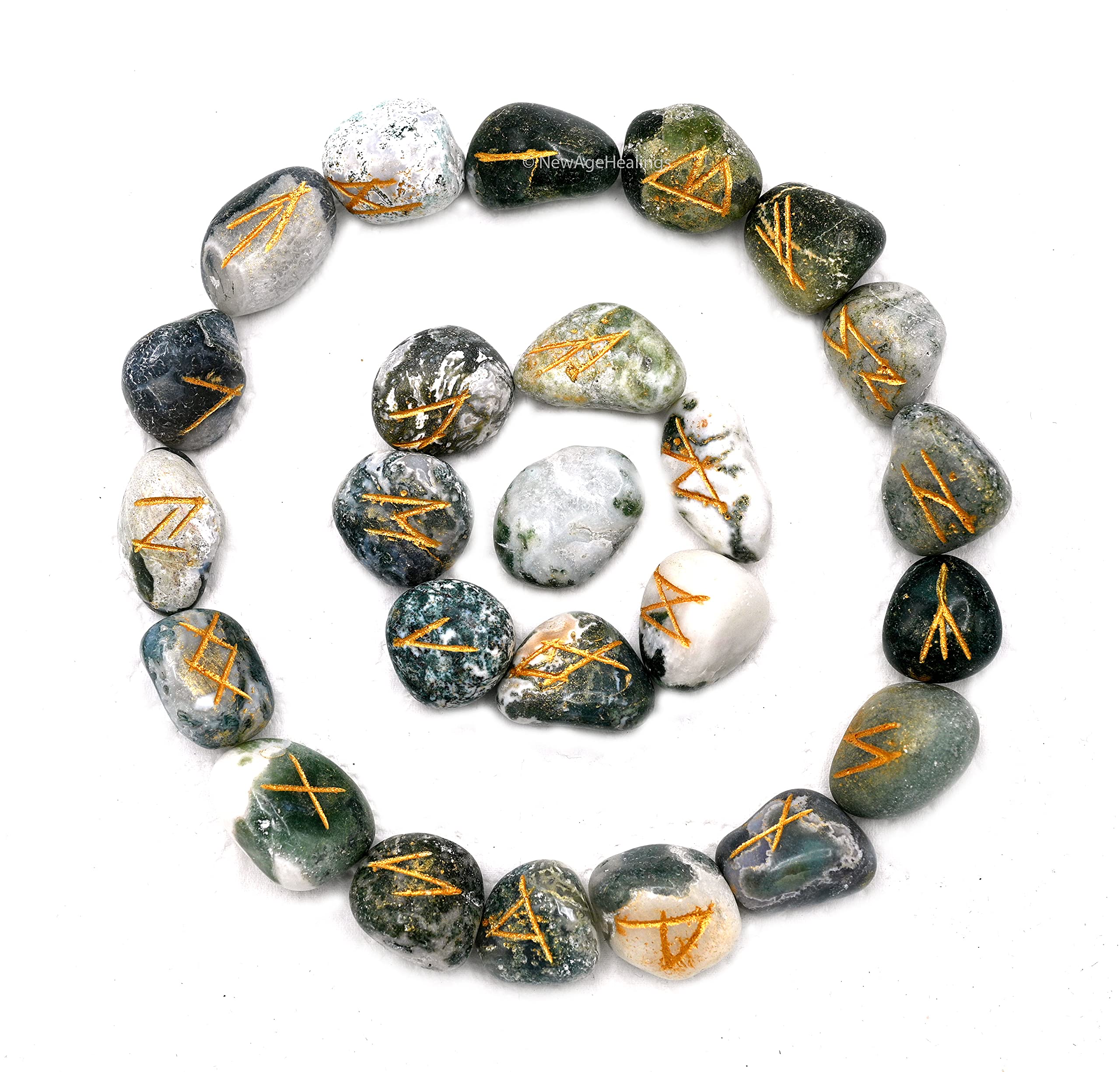 Tree Agate Runes Stone Set with Velvet Pouch and Instruction EBook ~ Elder Futhark Runes Engraved Pagan Viking Symbols for Reiki Healing, Crystal Grid & Energy Balancing