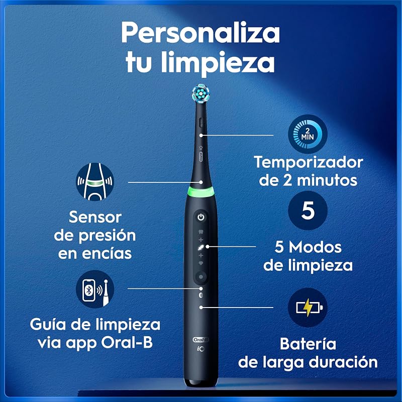 Escova de dentes preta recarregável iO 5, 1 cabeça e caixa de viagem, 1 suporte de carga, 5 modos de escovagem com branqueamento dentário, sensor de pressão, desenhado pela Braun