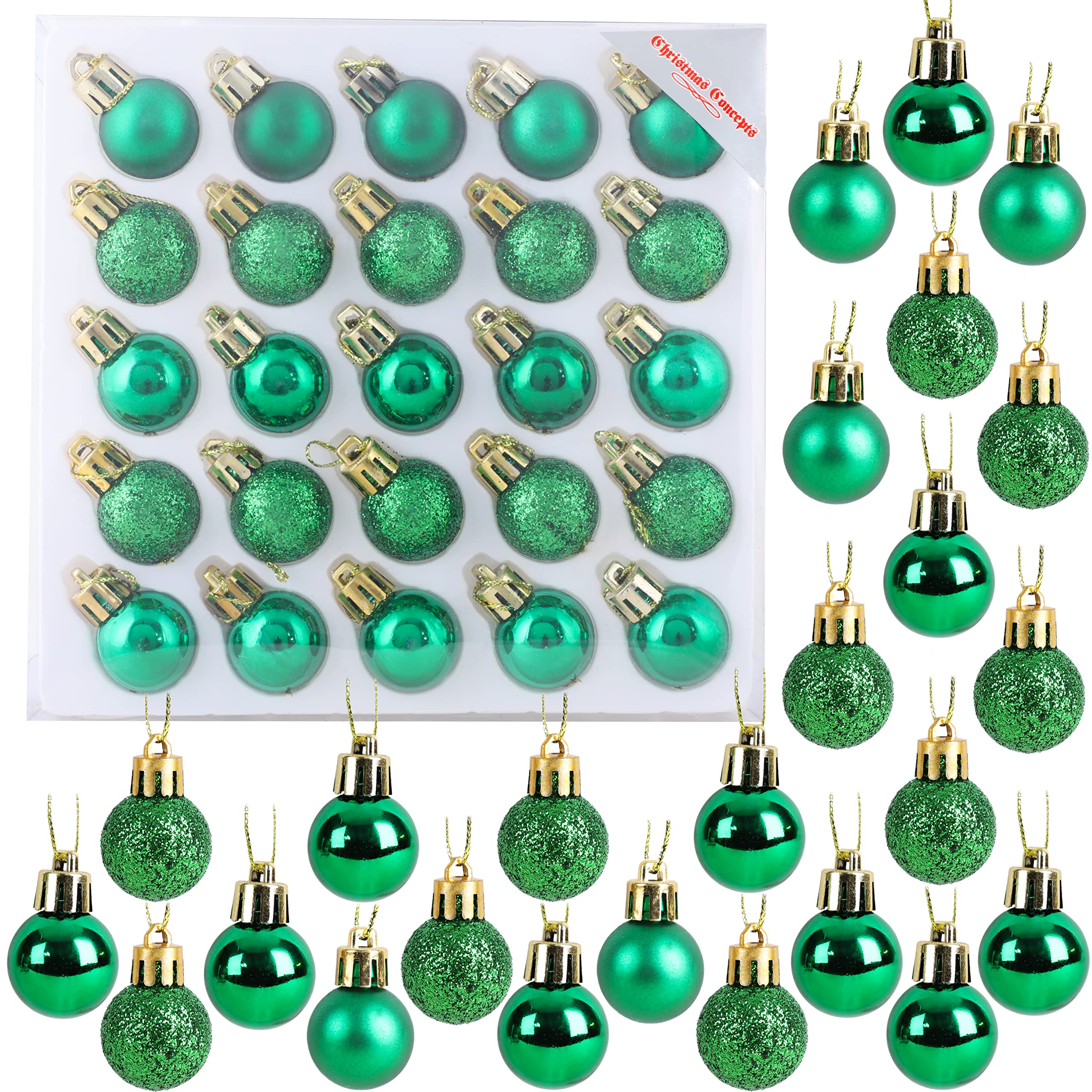 Christmas Concepts® Pack of 25-25mm (1") Mini Christmas Tree Baubles - Shiny, Matte & Glitter Decorated Baubles (Emerald Green)