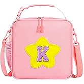 WOBAGMEN Initial Lunch Box for Women Kids Girls,Cute Pink Insulated Lunch Bag with Chenille Letter, Reusable Square Bento Lunch Box for School Office Picnic,Kids Lunch Bag for Teen Girls (Pink, K)