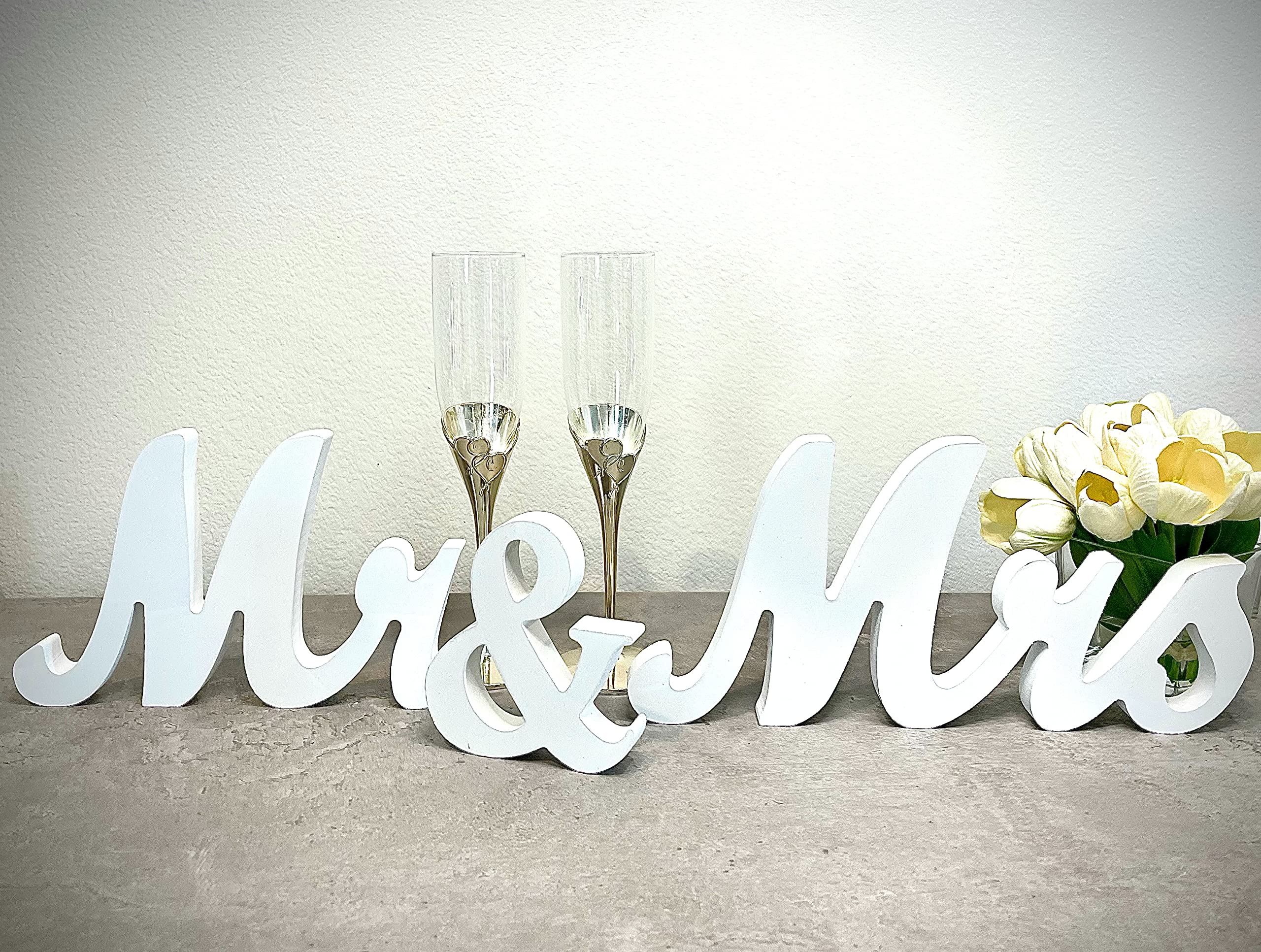 Photo 1 of Mr & Mrs Wood Sign Wedding Decorations for Bride & Groom Reception Head Table. Wooden Letters for Married Couple's Centerpiece, Engagement & Bridal Shower Party Or Wedding Cake Table. (White)