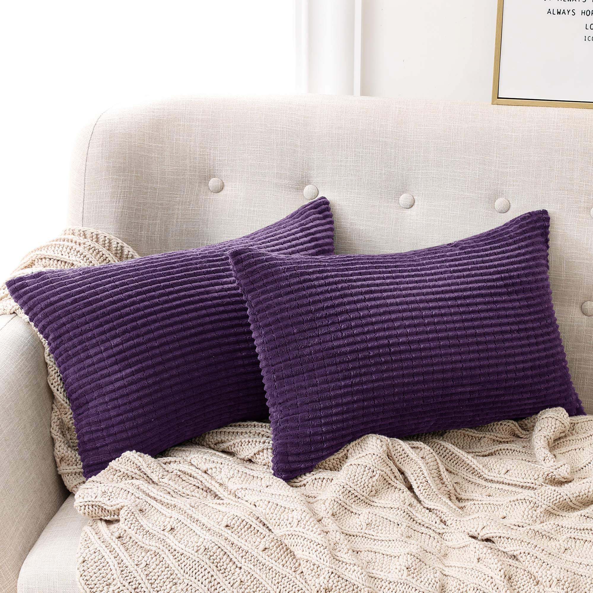 Deconovo Set of 2 Home Decorative Corduroy Cushion Covers 30cm x 50cm, 12x20 Inches Grid Pillowcases Throw Pillow Casess, Rectangular Cushion Covers for Armchair(Grape, 2 Pieces)