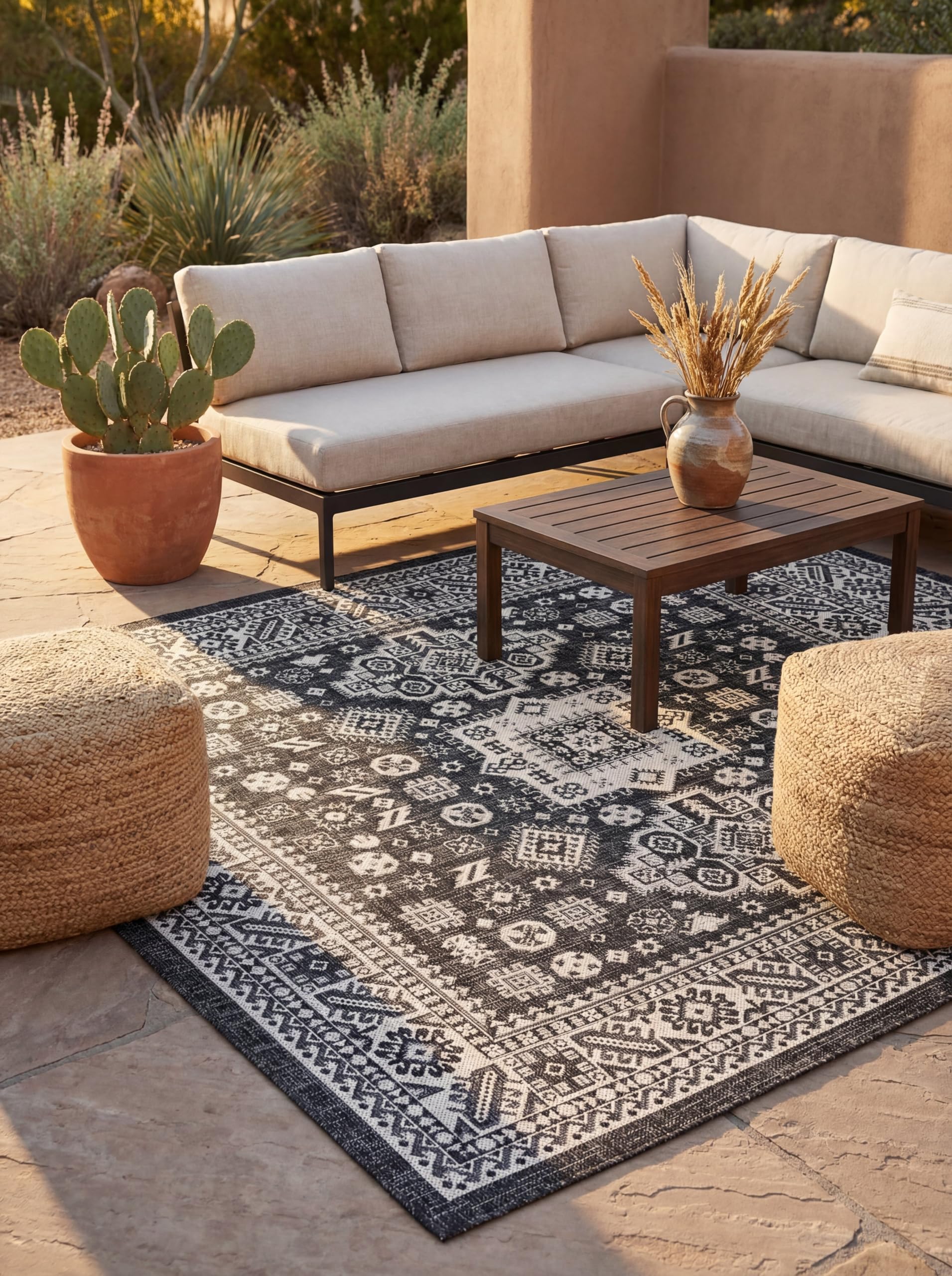 Rugs.com Outdoor Aztec Collection Rug – 13 Ft Square Charcoal Gray Flatweave-Pile Rug Perfect for Living Rooms, Kitchens, Entryways Image