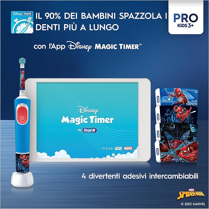 Spazzolino Elettrico Ricaricabile Pro Kids Marvel Spiderman, 1 Testina, per Bambini da 3 Anni in Su, 1 Spazzolino