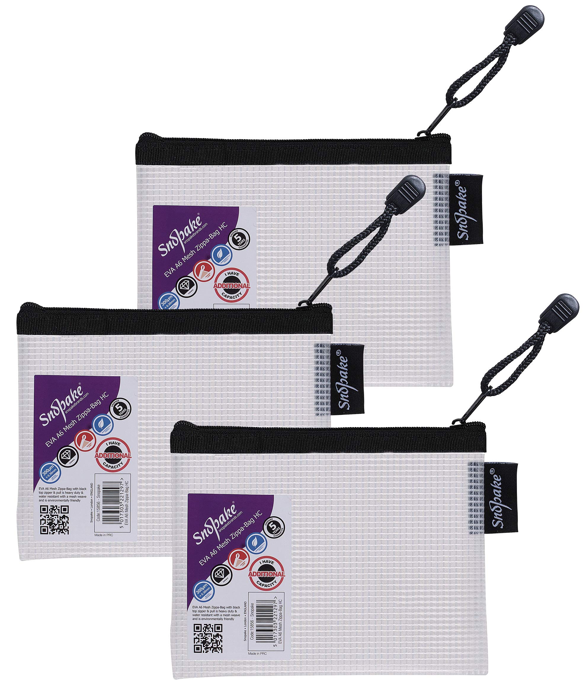 Snopake A6 High Capacity EVA Mesh Zippa-Bag [Pack of 3] 150 x 120 mm - Transparent/Black [15856]