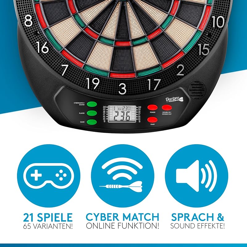 [DAS ORIGINAL] - Elektronische Dartscheibe Profi - Dartboard mit 6 Darts [kabellos nutzbar] - Innovativer Dartautomat mit 65 Varianten - Double IN & Double Out - für 1 bis 8 Spieler