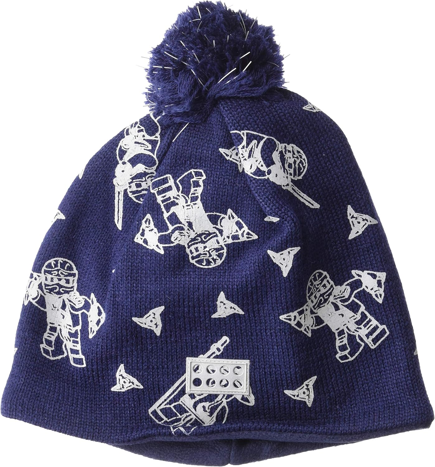 LEGO Wear Boys Kid's Fleece-Lined Wool Knit Printed Hat with Reflective Pom Pom & Detail: Clothing