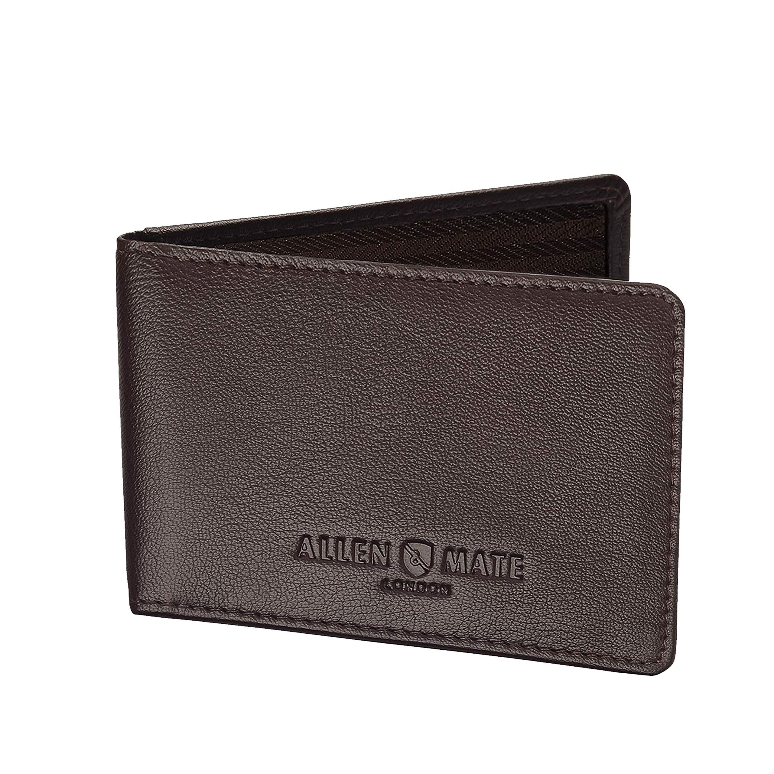 ALLEN & MATE 100% Leather Travel Card Holder - Slim Minimalist Wallet for Travel Bus Pass ID License Oyster Card for Men & Women (Brown Premium)