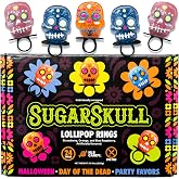 Halloween Sugar Skull Lollipop Candy Rings, 24 Pack | No Artificial Dyes, Strawberry, Orange, and Blue Raspberry Suckers, Dia De Los Muertos, Individually Wrapped, Party Favors