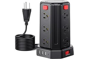 Power Strip Surge Protector, 16.4 Ft Extension Cord with 12 AC Multiple Outlets 4 USB (1 USB C), SMALLRT Power Tower Desktop Charging Station, Home Dorm Room Office Essentials, Desk Accessories Black