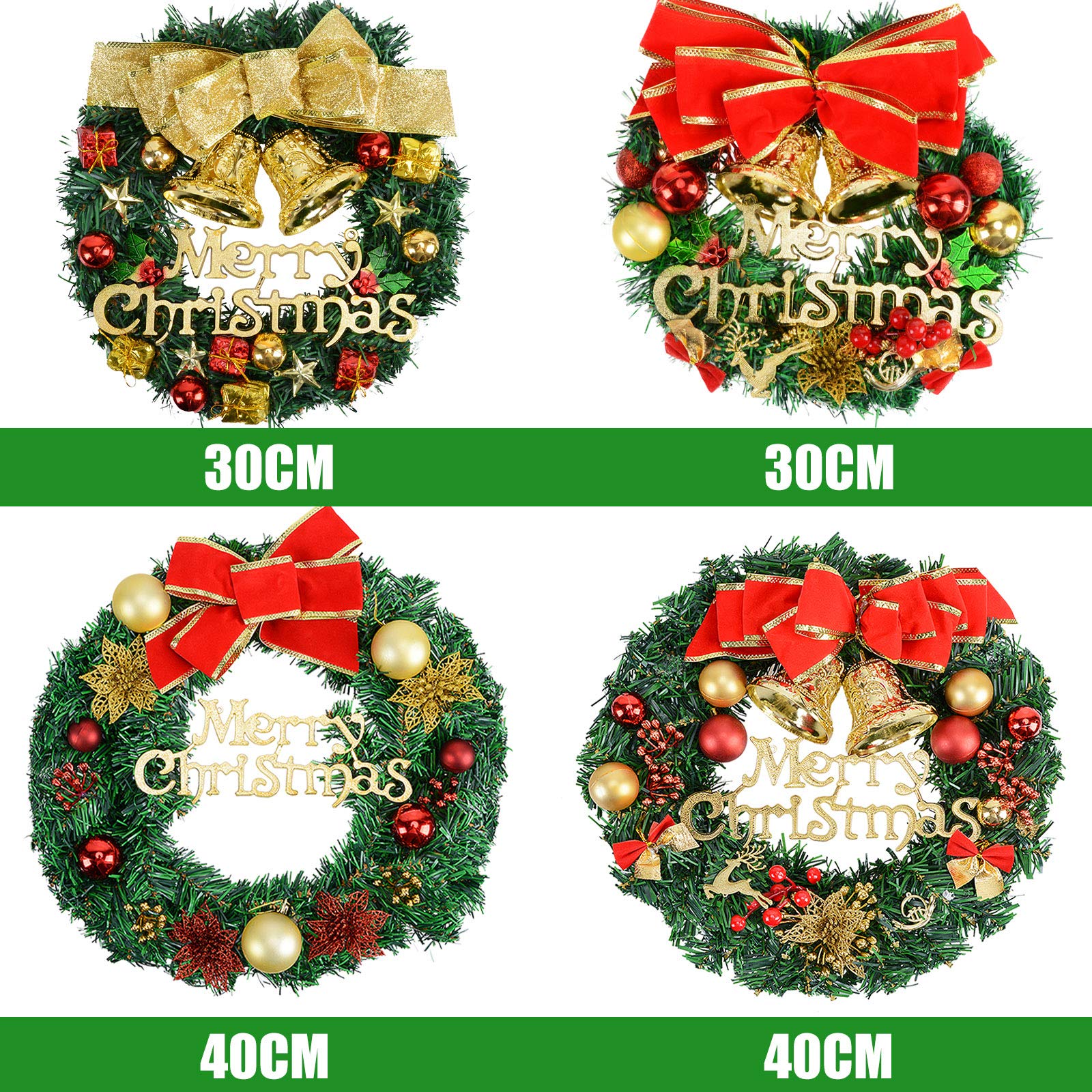 Voilamart Christmas Wreath 40CM/16Inch Artificial Garland with Bowknot Bells and Baubles Xmas Decorations for Fireplaces Stairs Wall Door