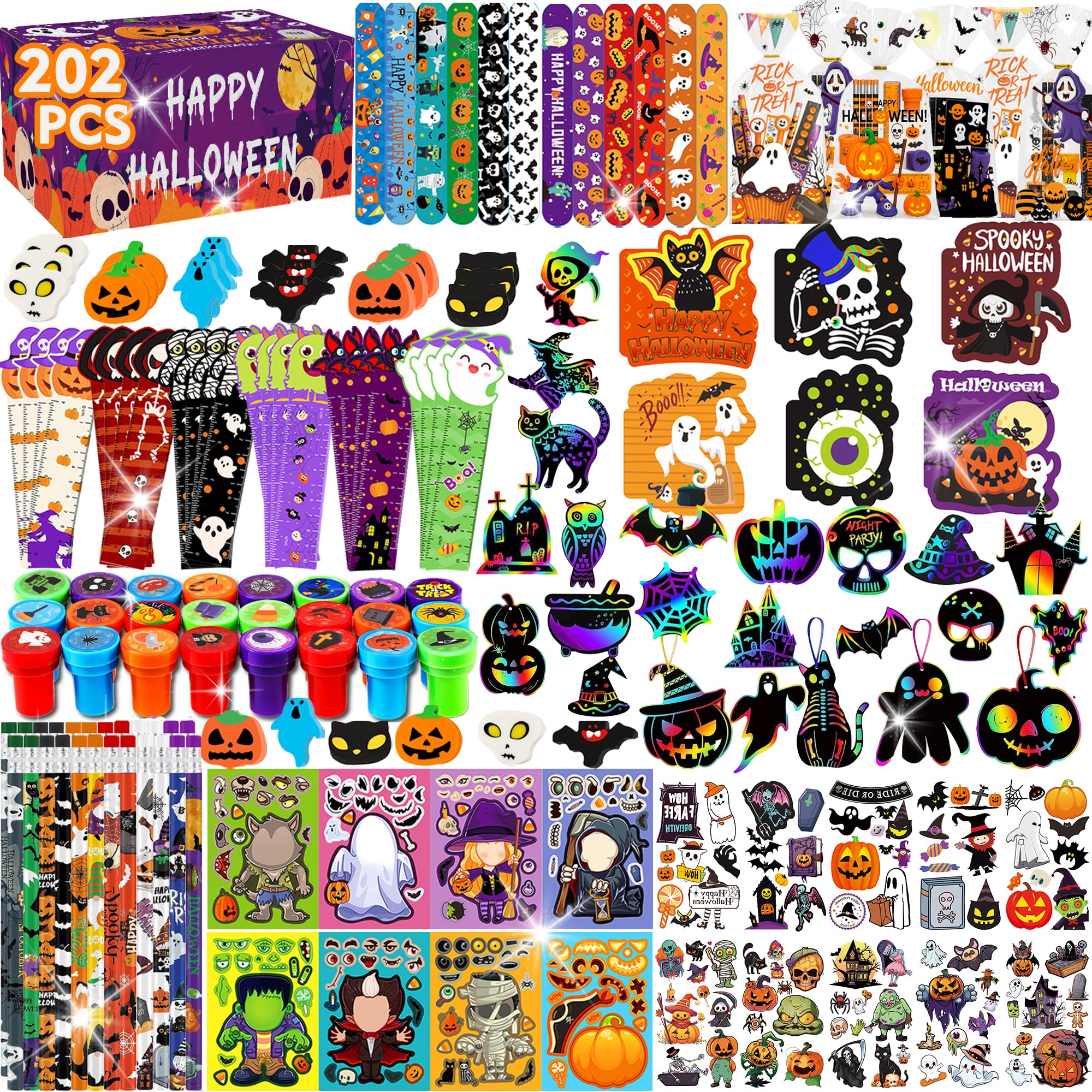 Photo 1 of 202PPCS Halloween Party Favors,Stationery Set Goodie Bags Stuffers for Kids School Classroom Prizes Trick or Treat Gifts Bags Fillers include Pencils,Erasers,Rulers,Halloween Stickers,Stamper,Notepads
