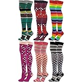 SUMONA 6 Pairs Pack Women Multi Neon Color Fancy Design Thigh High Over the Knee Socks Stockings