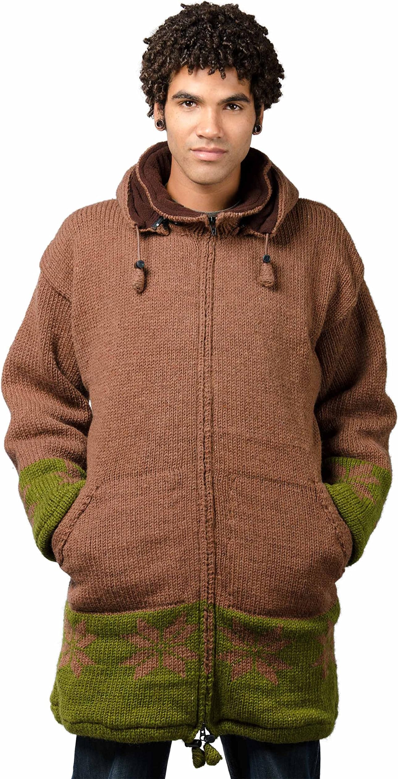 TCG Men’s Winter Coat - Hand Knit Wool Outerwear Hoodie - Long, Brown Snowflake