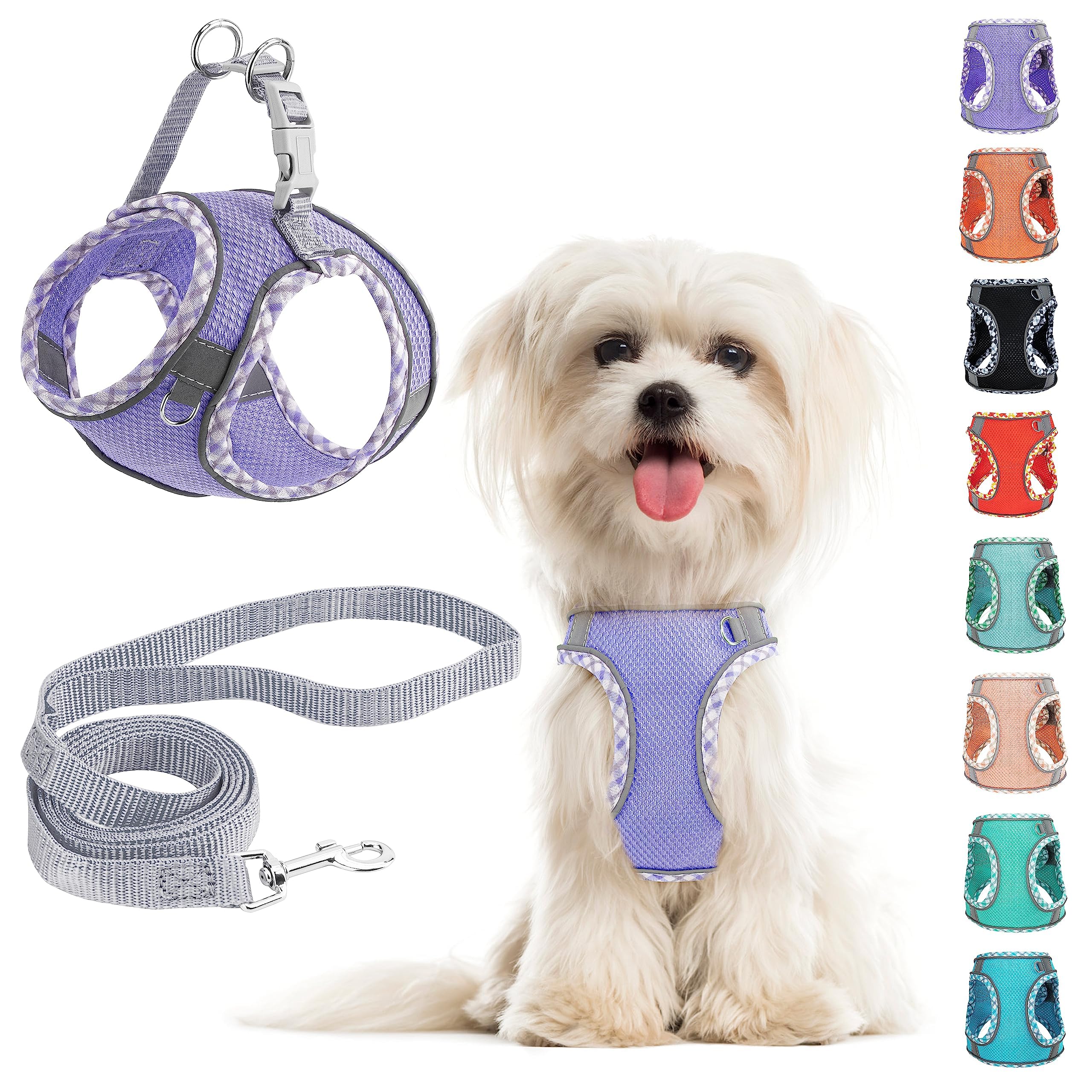 Small Dog Harness and Leash Set, No Pull Adjustable Reflective Breathable Mesh Step in Dog Harness Easy Walk Dog Harness for Extra Small/Small Medium Dog Cats Puppy (Purple, L)