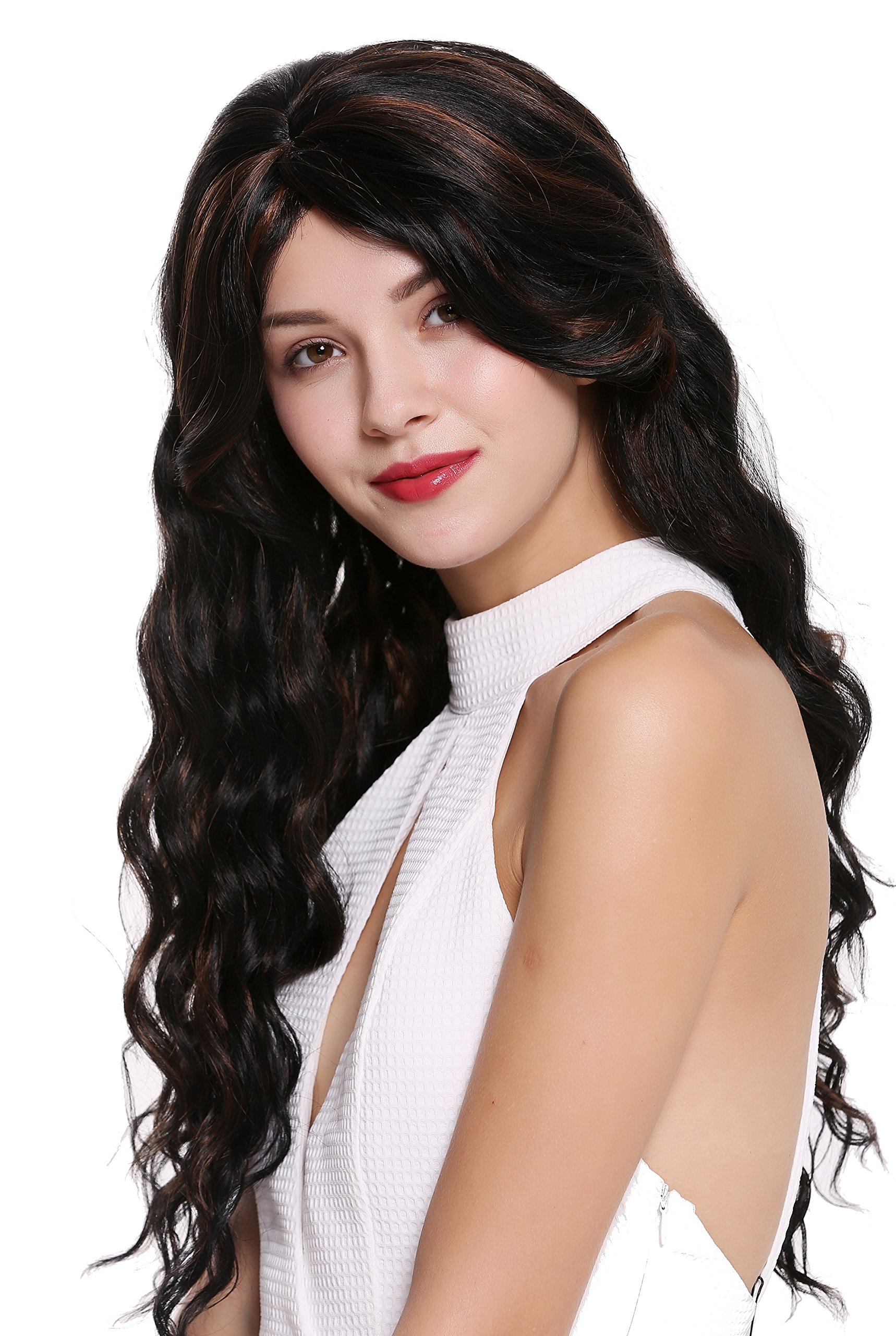 WIG ME UP - DW-1649-1BH30 Lady Quality Wig Very Long Wavy Dense Full Black Streaked Copper Brown Highlights