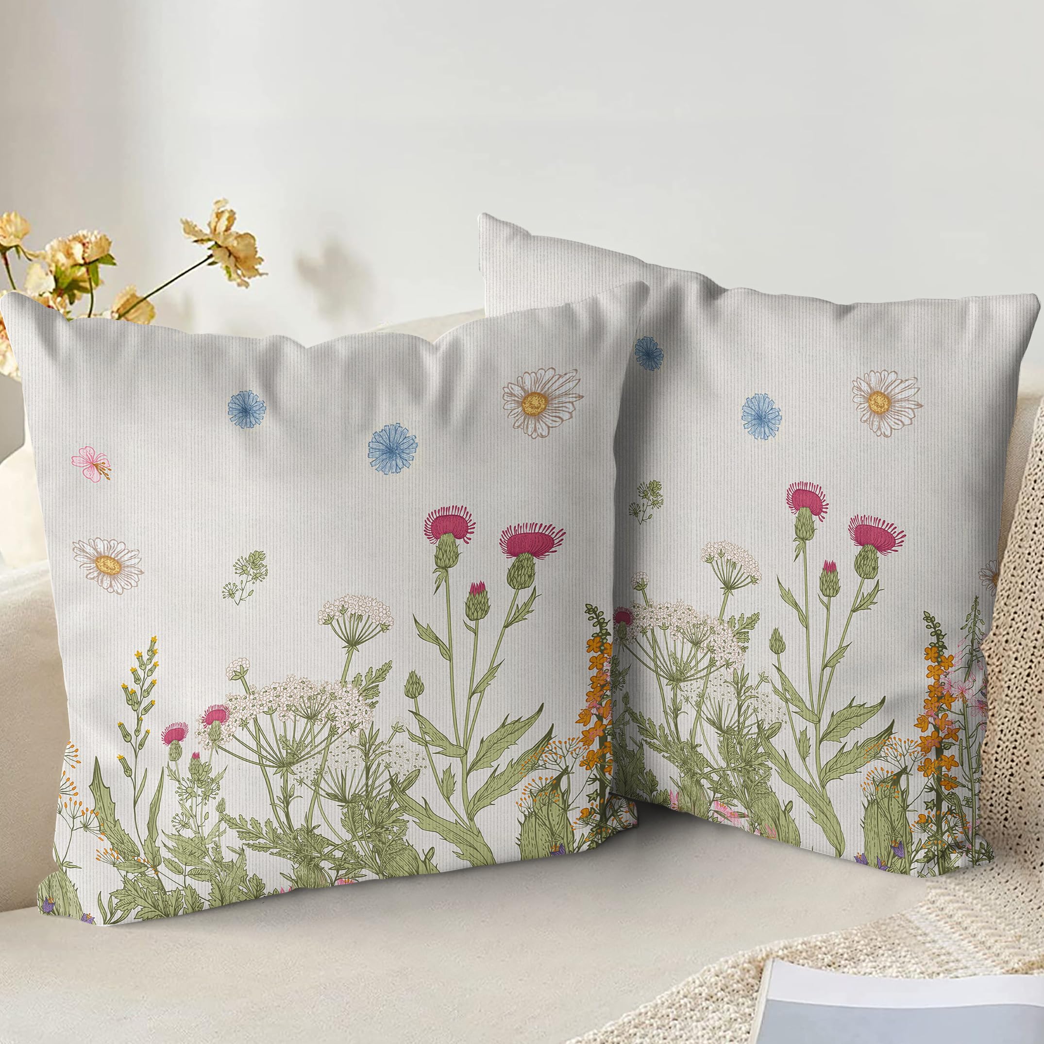 XPHZZL Cushion Covers Set of 2 Pack 45 x 45 cm - Soft Colored Wildflowers Pattern Decorative Pillow Covers for Sofa Bed Garden Outdoor Spring Decor with Invisible Zipper 18 x 18 Inch