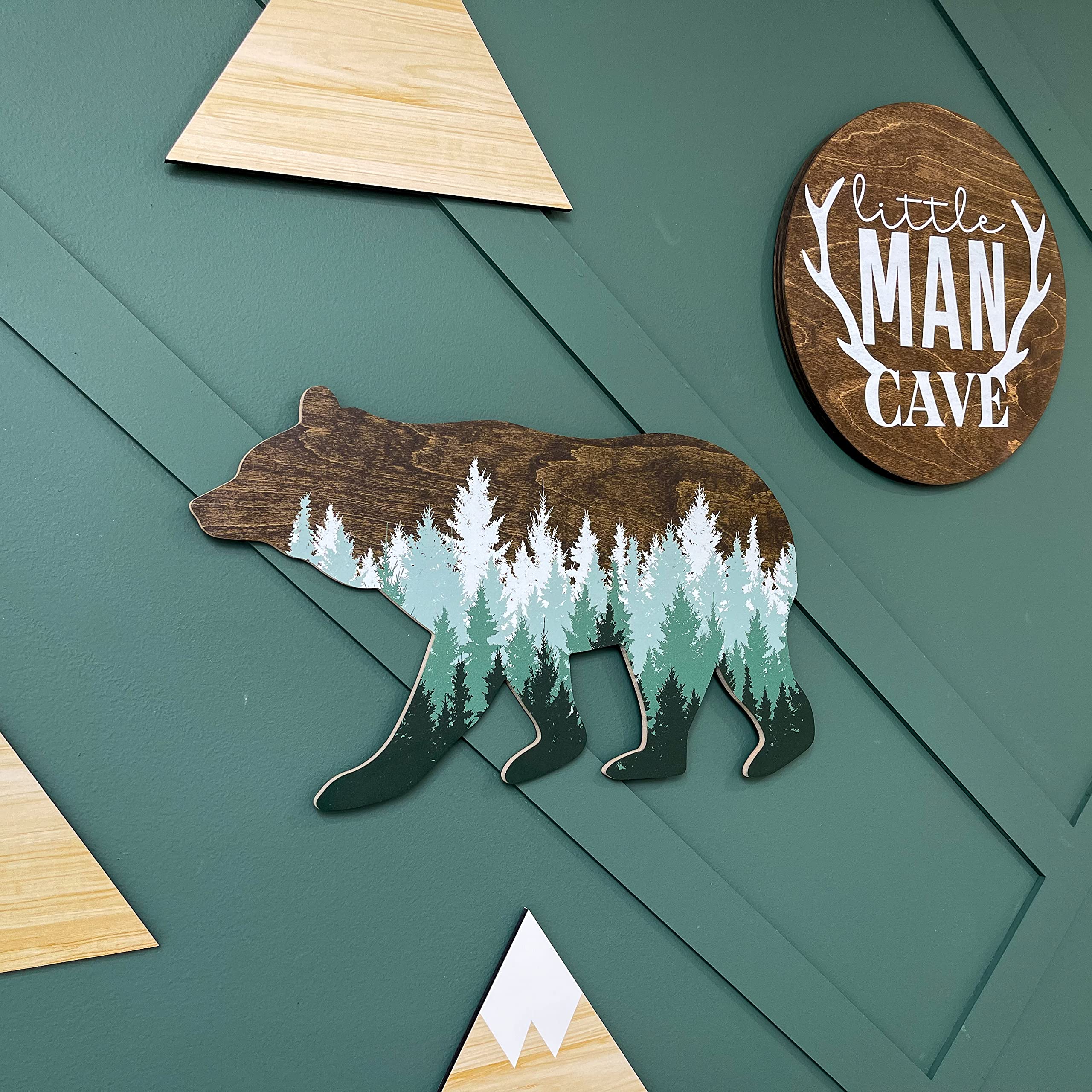 Forest Bear Wall Sign, Adventure Woodland Theme, Rustic Nursery Decor, Man Cave Home Bedroom Cabin Office House Art Decorations, Hickory Hollow Designs… (Dark Walnut/Green Pine Trees)