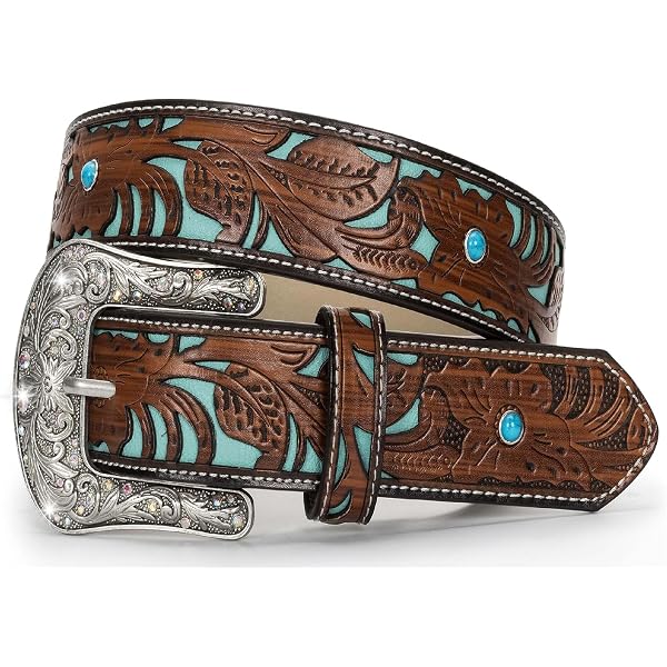 4444 Distress Embossed Brown And Teal Leather Belt With Rhinestone Ring Buckle Distress Embossed Brown and Teal Leather Belt with  main image 2