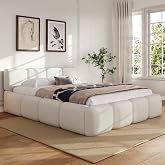 Merax Queen Boucle Platform Bed with Thick Headboard and Footboard, White | Block-Style Upholstery Grounded Bed Frame with Lo