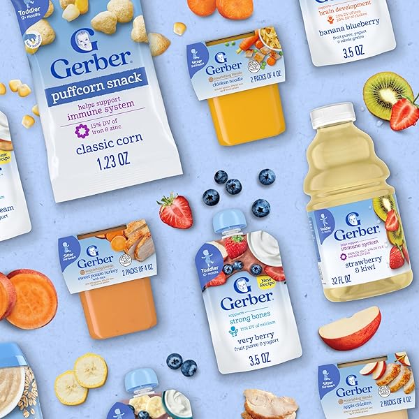 GERBER TODDLER FOOD, STRAWBERRY BANANA, FRUIT PUREE AND YOGURT POUCH. NO ADDED SWEETENERS, 12PK