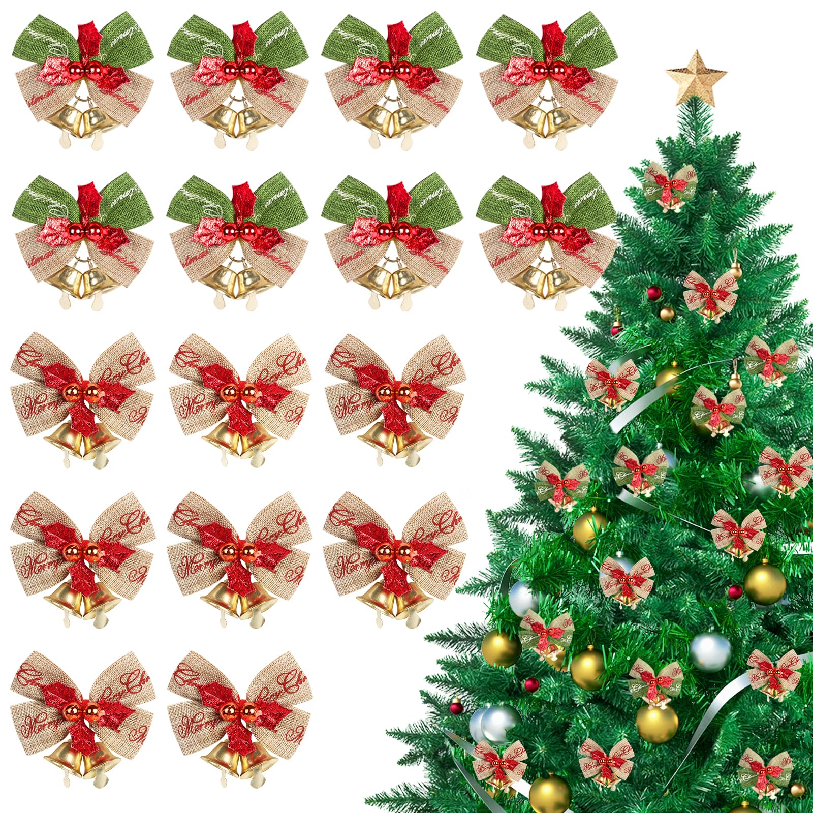 Minicoco 16Pcs Pure Linen Fabric Christmas Bows with Bells, Christmas Ribbons, 2.17 * 1.81 Inch for Wreaths Bows Xmas Bow Decorations, Christmas Tree, Wreaths, Garland Decor