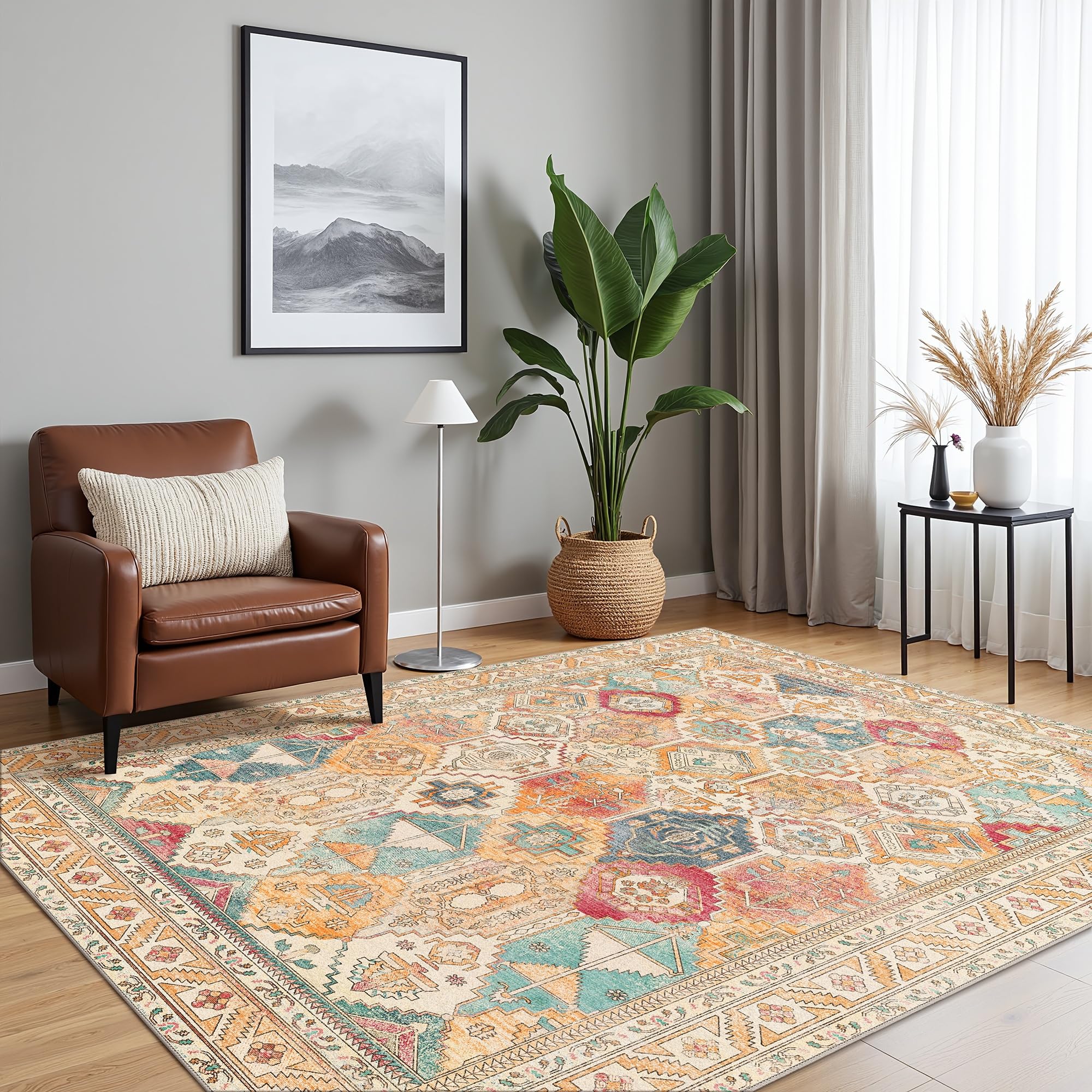 Photo 1 of Bavni Washable Rug 3x5 Area Rug for Living Room Bedroom Dining, Washable Vintage Print Carpet, Ultra-Thin Chenille Low Pile Lightweight Rug with Non Slip Backing, Retro Multi