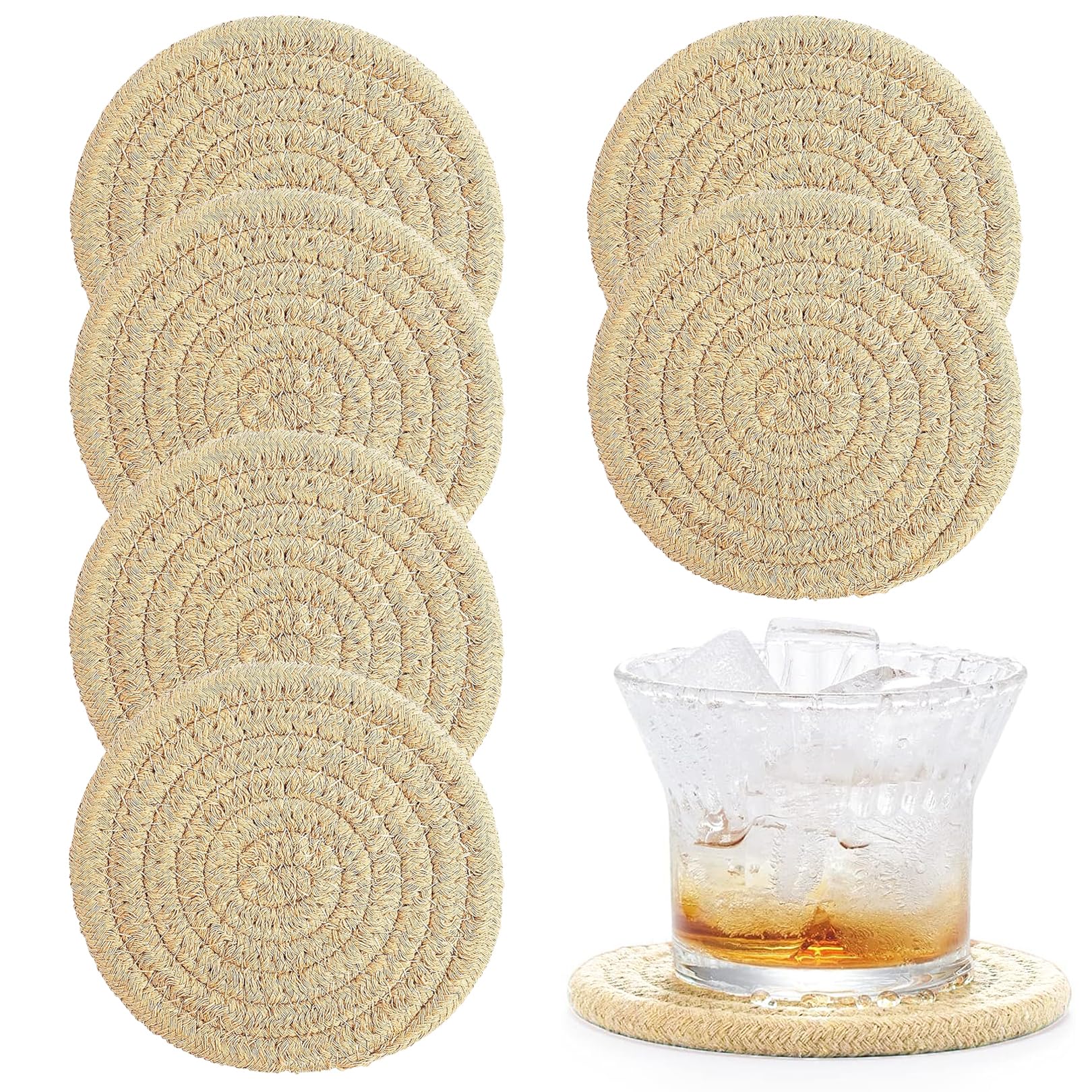 6 Pcs Coffee Color Round Woven Minimalist Cotton Coasters - Heat-Resistant and Drinks-Absorbent Woven Coaster for Coffee Bar Kitchen Restaurant Countertops