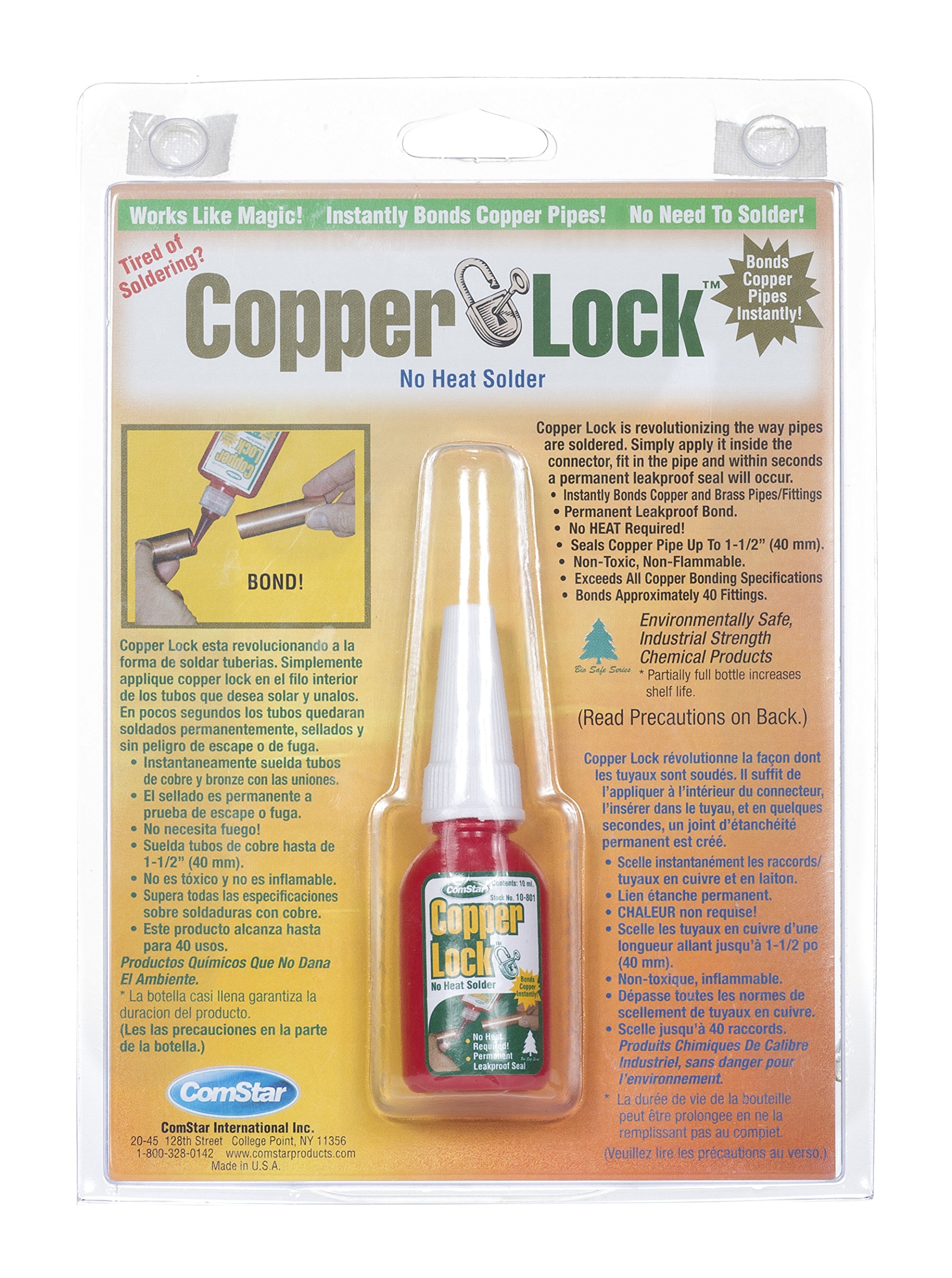 Photo 1 of ComStar Copper Lock, No Heat Solder for Copper & Brass Pipes, Instant Leak-Proof Seal Up to 500 PSI, Handles All Refrigerants, Withstands -60°F to 300°F,10 ml Bonding Solution for HVAC (10-801)