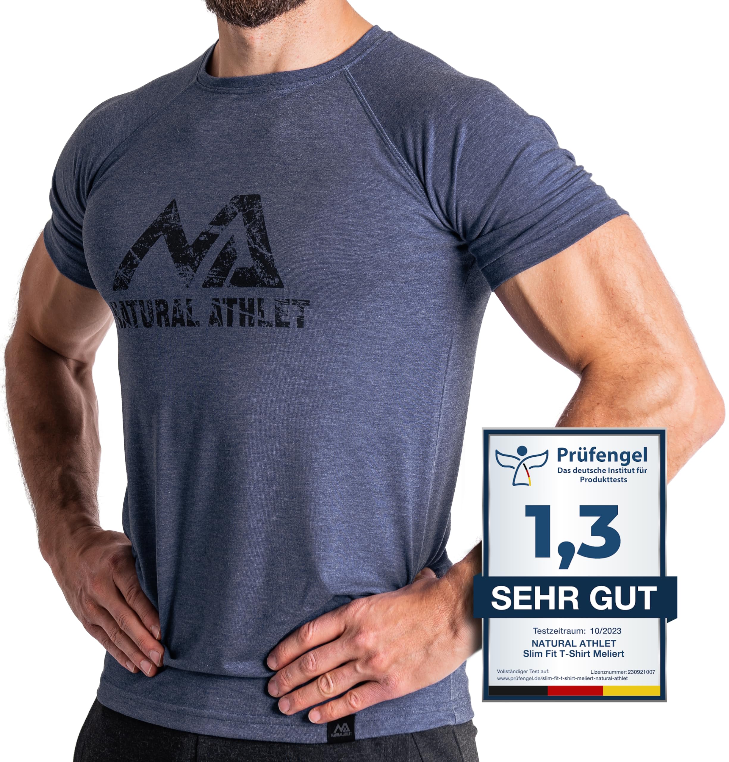 Natural Athlet Slim-Fit Fitness Tshirt für Herren – Enges & langes schnelltrocknendes Männer Kurzarm Gym T-Shirt – für Sport, Gym, Fitnessstudio, Workout, Bodybuilding und Krafttraining – Blau