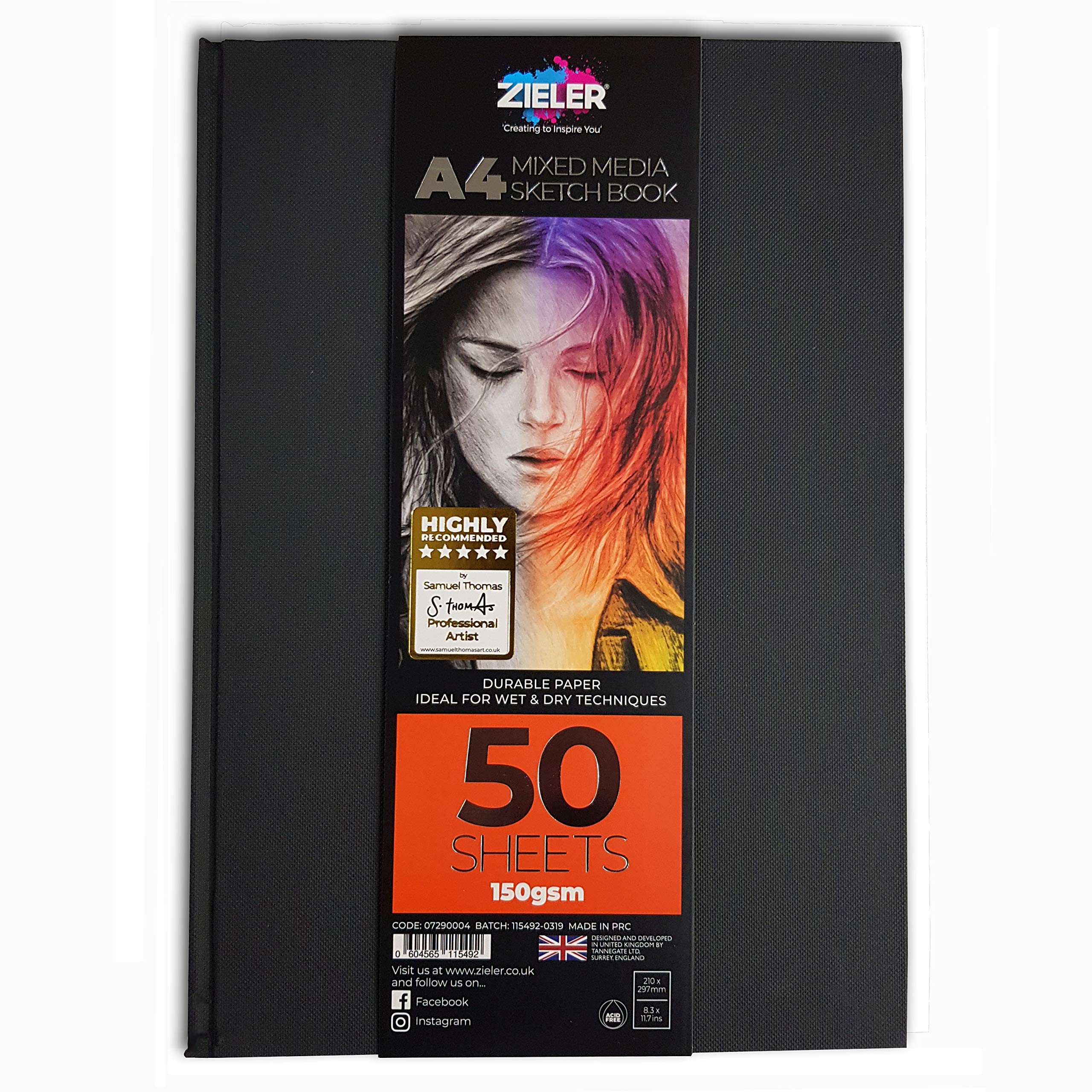 Hardback Casebound Mixed Media Sketch Book – 150gsm 50 Sheets - by Zieler™. Ideal for use with Pencils, Charcoal, Graphite, Pastels & Light Watercolour. Acid Free Sheets - Portrait (A4)