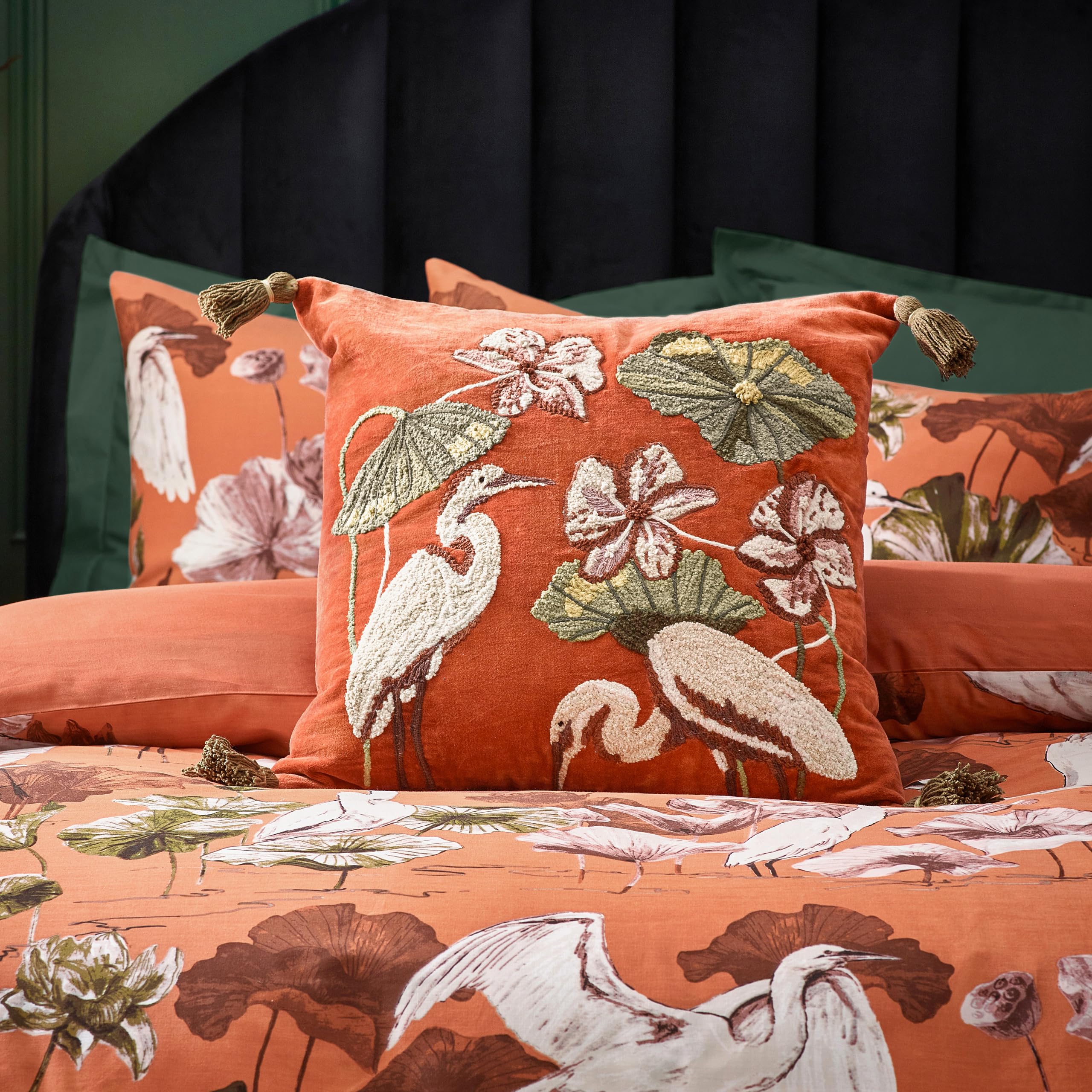 Wylder Tropics Kushiro Embroidered Velvet Cushion Cover, Coral