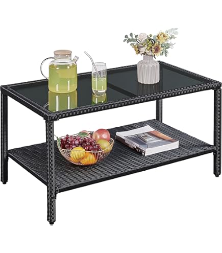 thumbnail image 2 of CorLiving Square Patio Coffee Table - Black Wicker Rattan With Tempered Glass Top 2 of 5