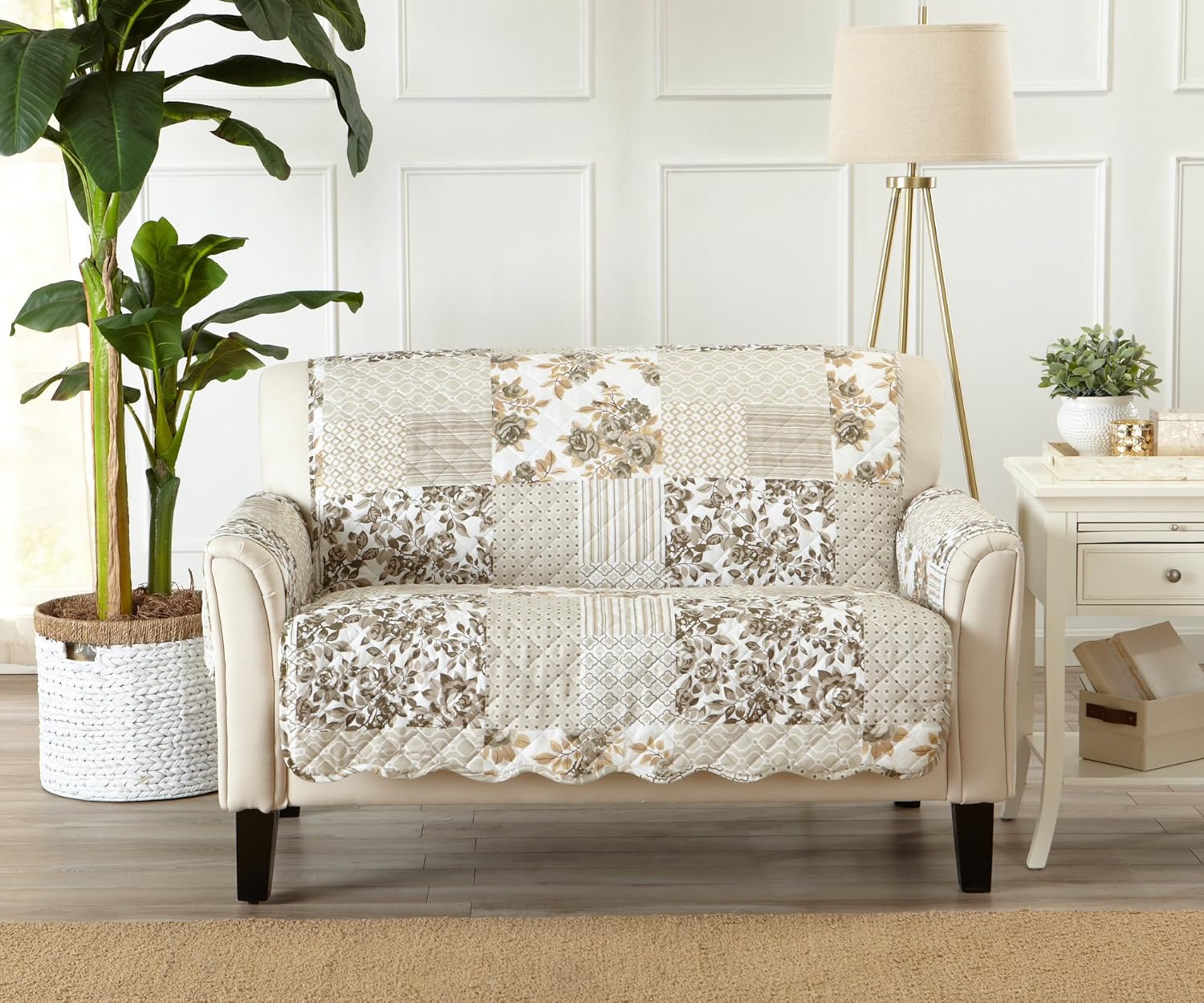 Slipcovers - Great Bay Home Patchwork Scalloped Printed Furniture Protector Stain Resistant Loveseat Cover (Loveseat, Taupe)