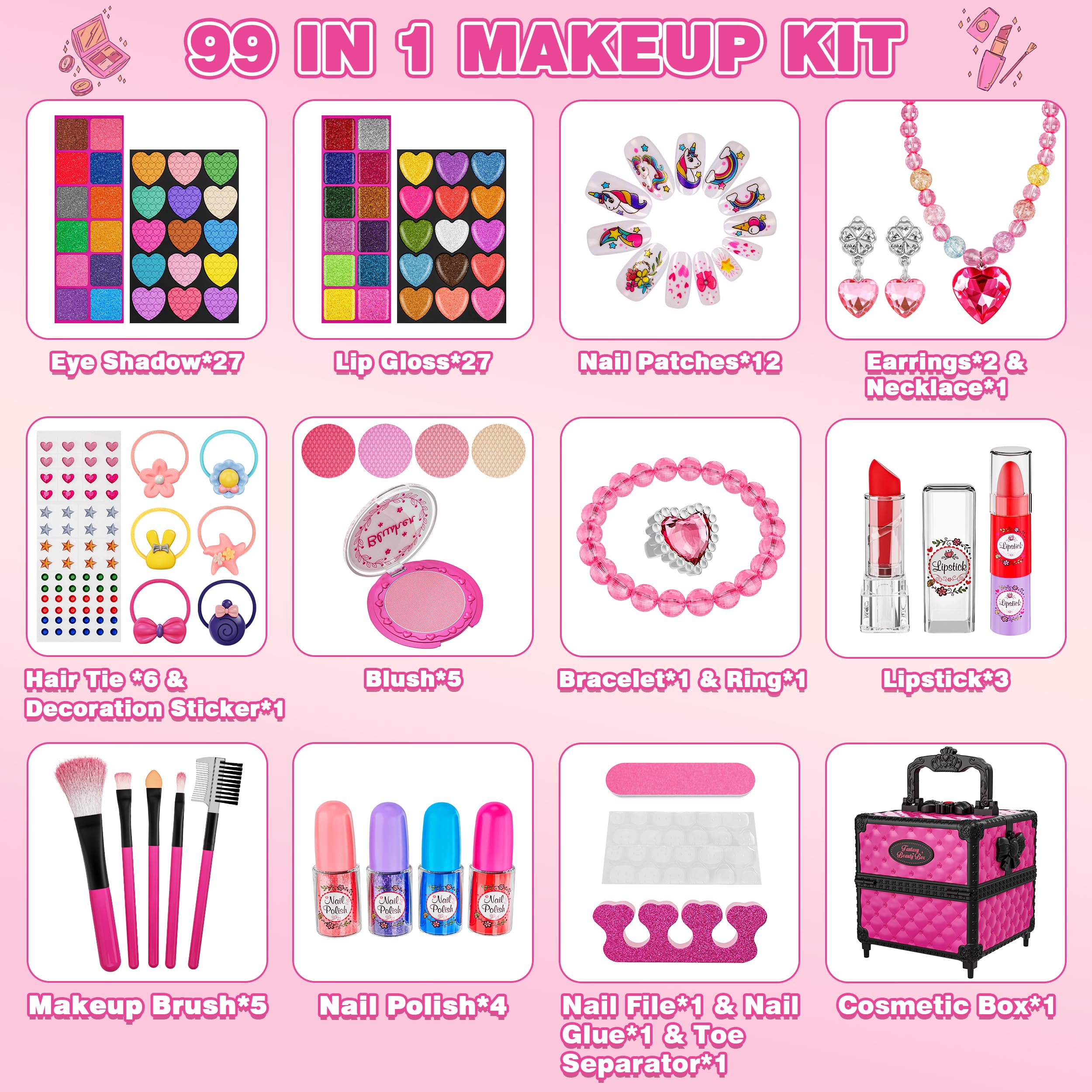 99 Pcs Kids Makeup Kit for Girls, Princess Toys Real Washable Cosmetics Set with Mirror, Hair Ties, Nails, Rings, Earrings, Necklace, Perfect for 3 4 5 6 7 8 Year Old Girls Birthday