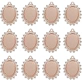 uxcell 12 Pcs Pendant Trays Kit, 25mm Oval Blank Bezel Pendant Tray Base Connector Settings for Photo Charm Jewelry Making DIY Crafts, Rose Gold (Hollow Carved)