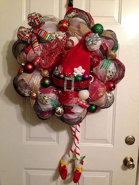 NEW HANDMADE CHRISTMAS SANTA DECO MESH WREATH WITH SANTA HAT AND LEGS AND IT LIGHTS UP!!