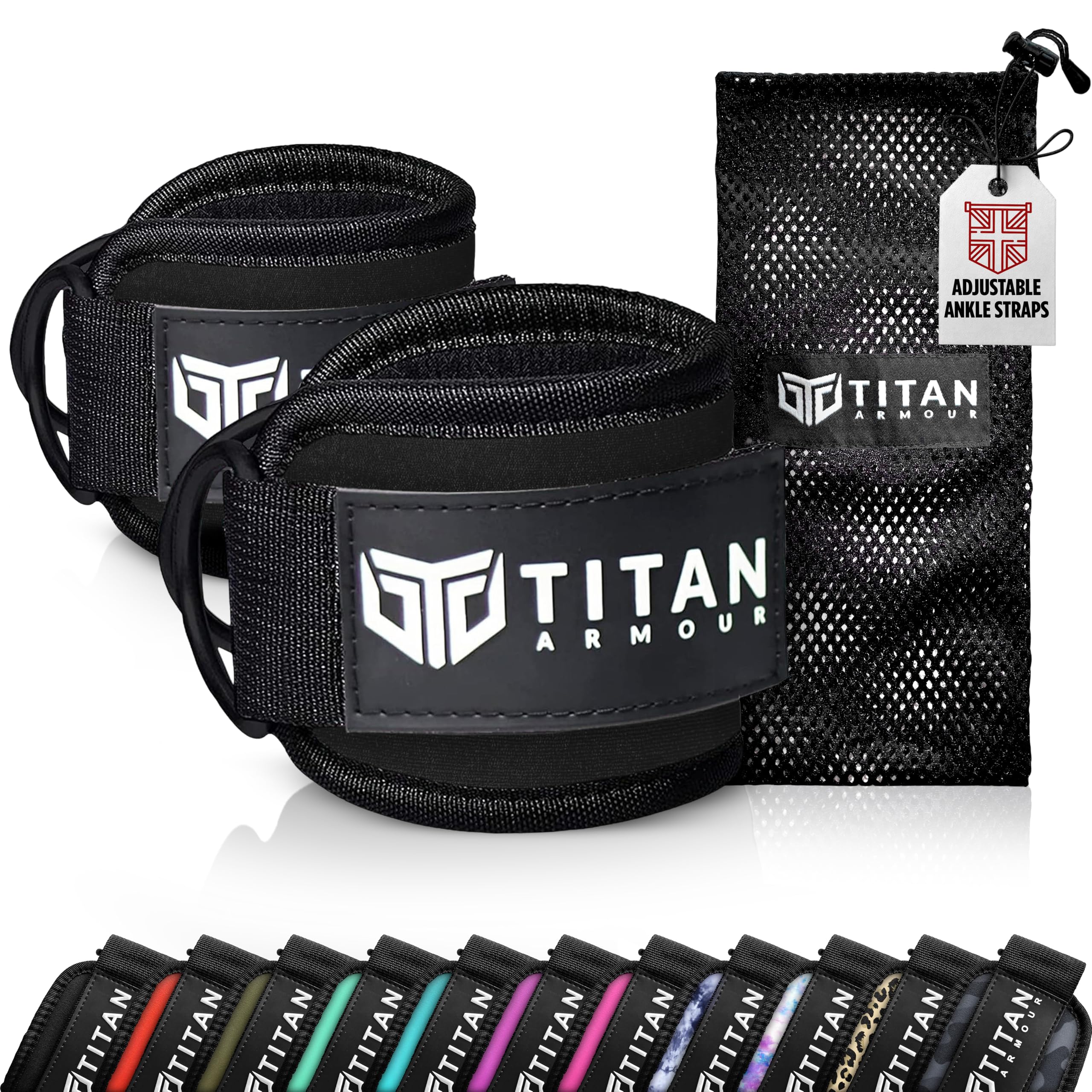 Titan Armour® Ankle Straps for Cable Machines | Gym Cuffs w/Heavy-Duty Steel Double D-Rings & Adjustable Strap | Lower Body Workouts Inc. Leg Extension, Leg Curl & Glute Kickback | Men & Women